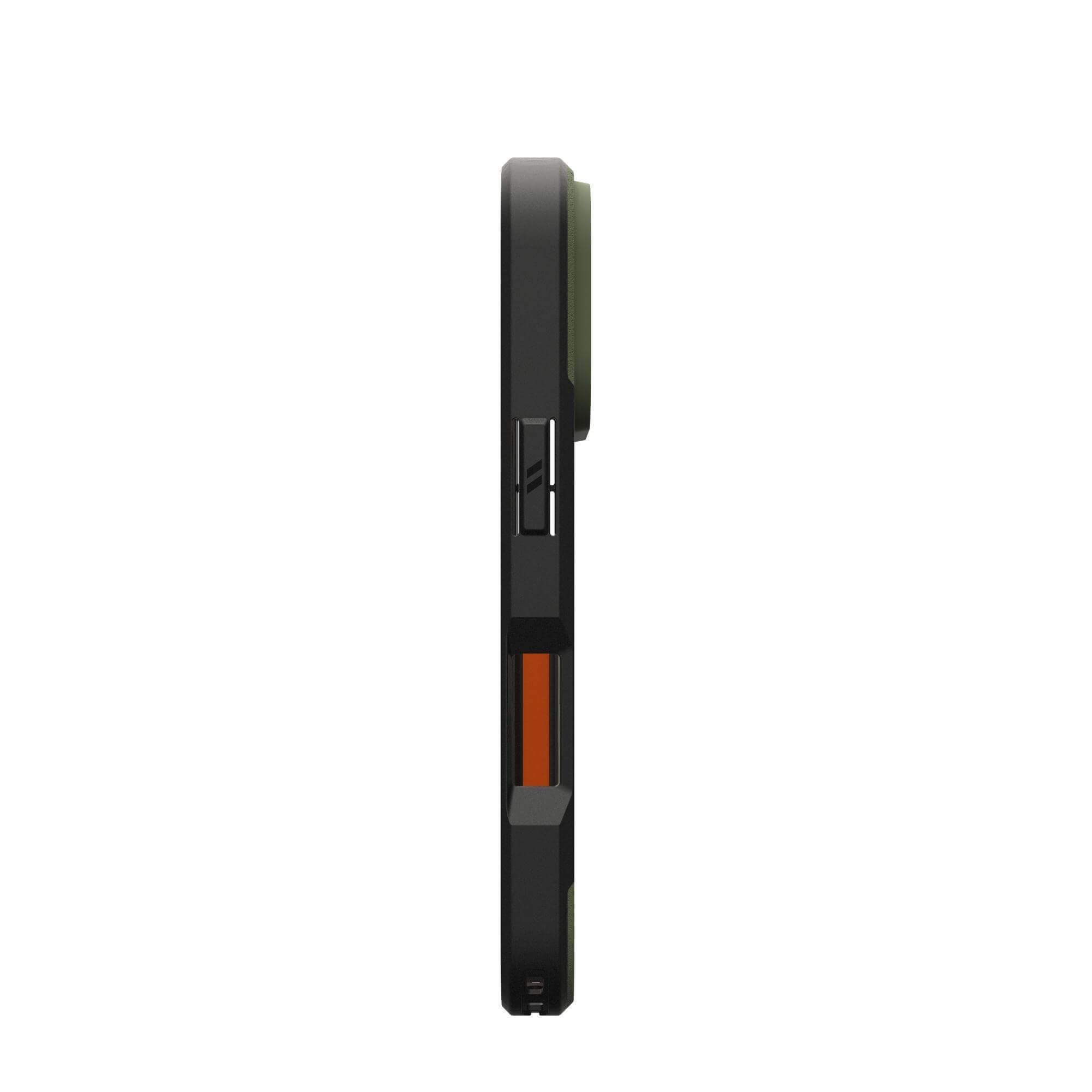 Zijaanzicht van een zwart-groene telefoonhoes met een oranje accent. De hoes heeft een robuust ontwerp.