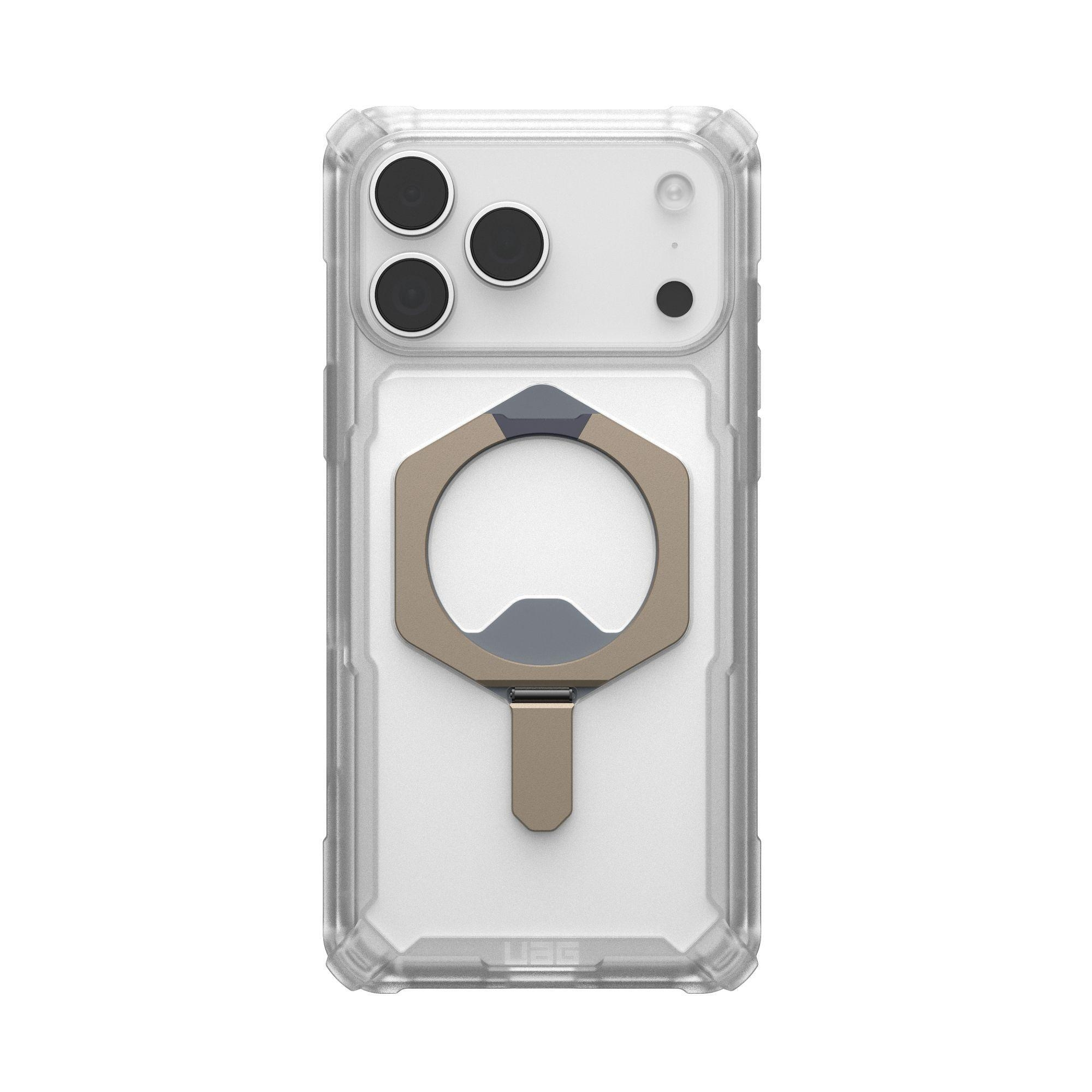 Custodia trasparente per telefono con apribottiglie metallico. La custodia ha il retro trasparente e un apribottiglie grigio e oro.