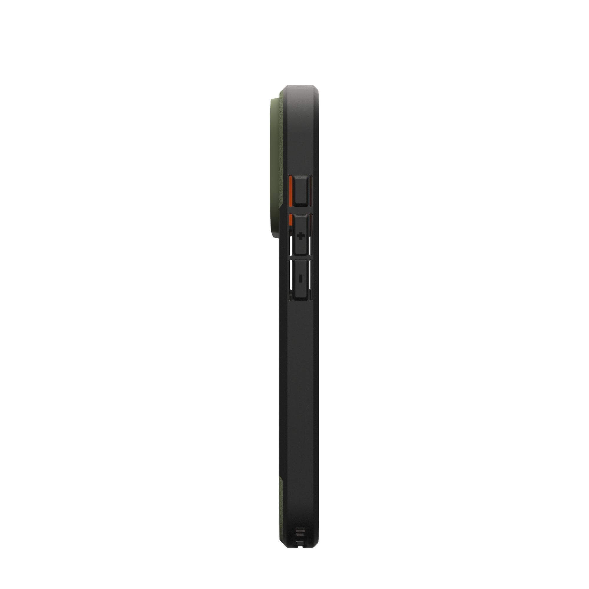 Zijaanzicht van een telefoonhoesje. Het is zwart, met groene en oranje accenten. Knoppen zijn zichtbaar.