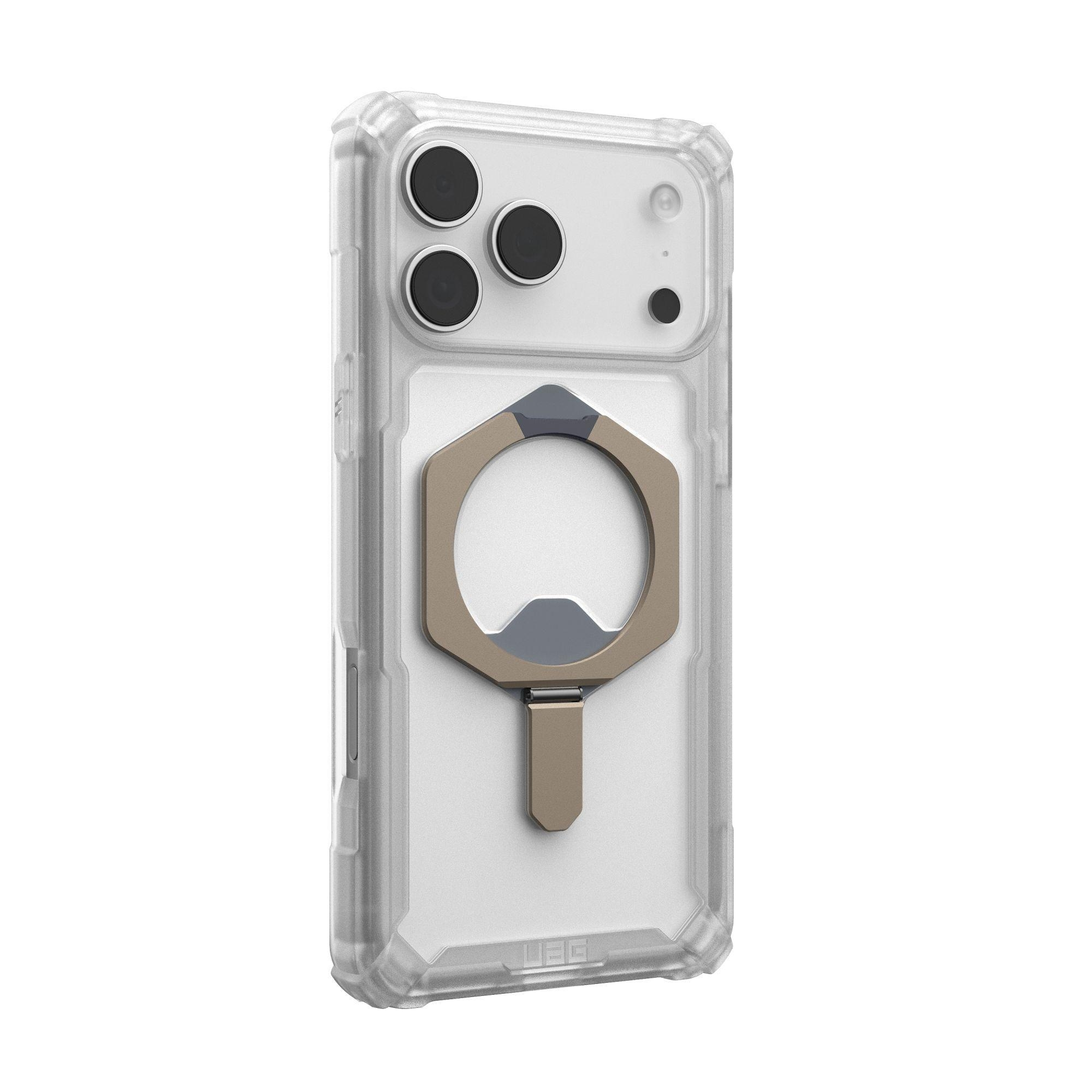 Custodia trasparente per telefono con un supporto ad anello oro e grigio. La custodia ha un ritaglio per la fotocamera con tre lenti e un flash.