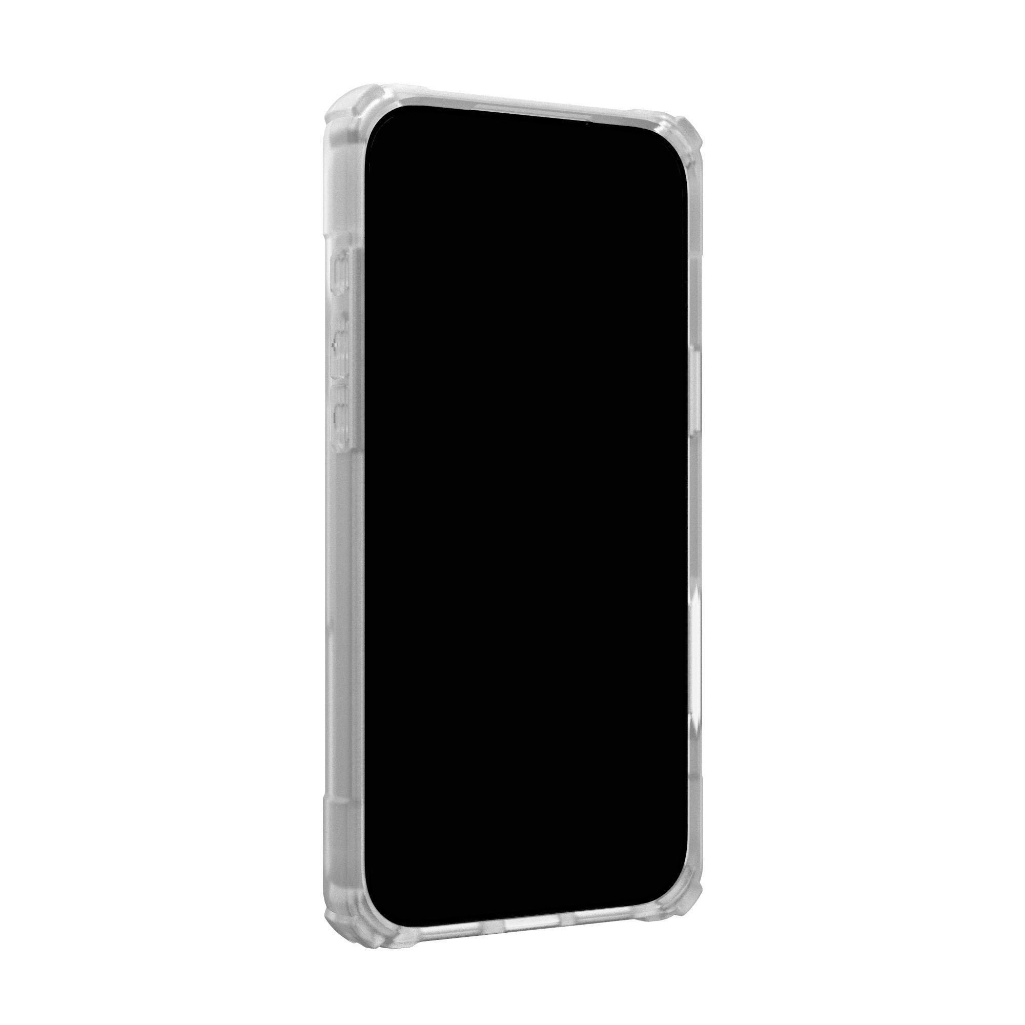 Uno smartphone in una custodia protettiva trasparente. Lo schermo del telefono è nero e lo sfondo è bianco.