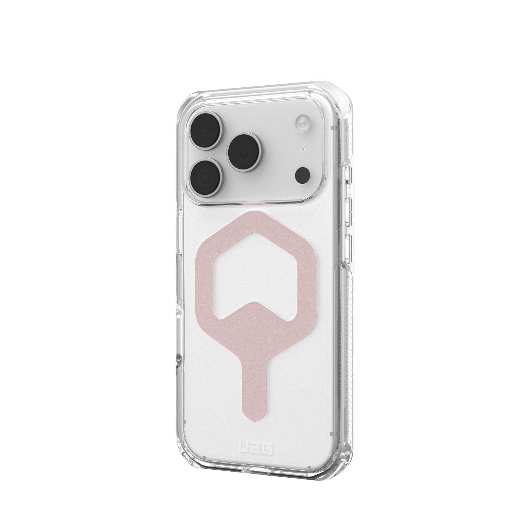 Custodia trasparente per telefono con un ritaglio rosa su sfondo bianco. Ha un rigonfiamento della fotocamera con tre obiettivi.