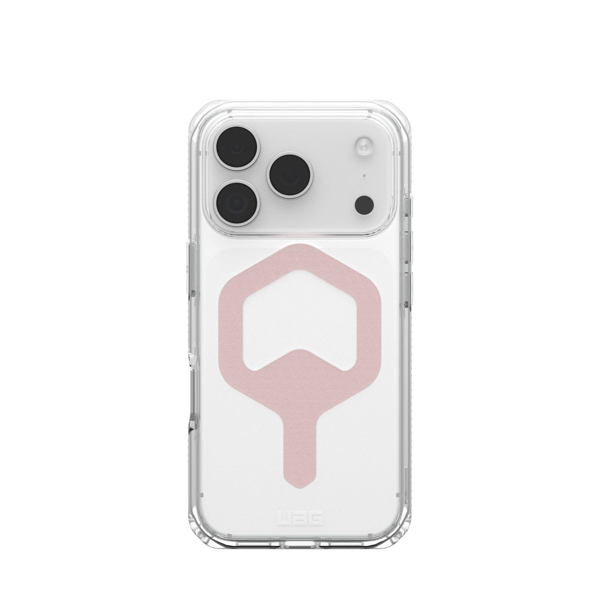 Custodia trasparente con design a forma di chiave rosa, lenti della fotocamera visibili.