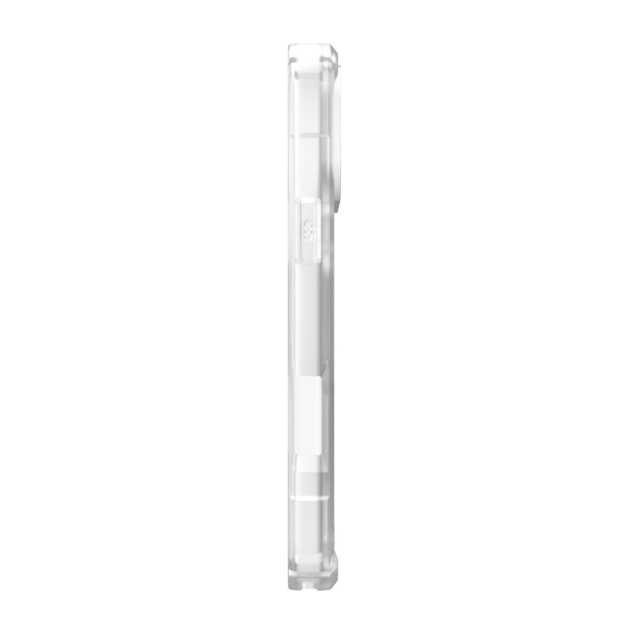 Una custodia trasparente per telefono è mostrata lateralmente, rivelando i pulsanti e l'intaglio della fotocamera. È in plastica trasparente.
