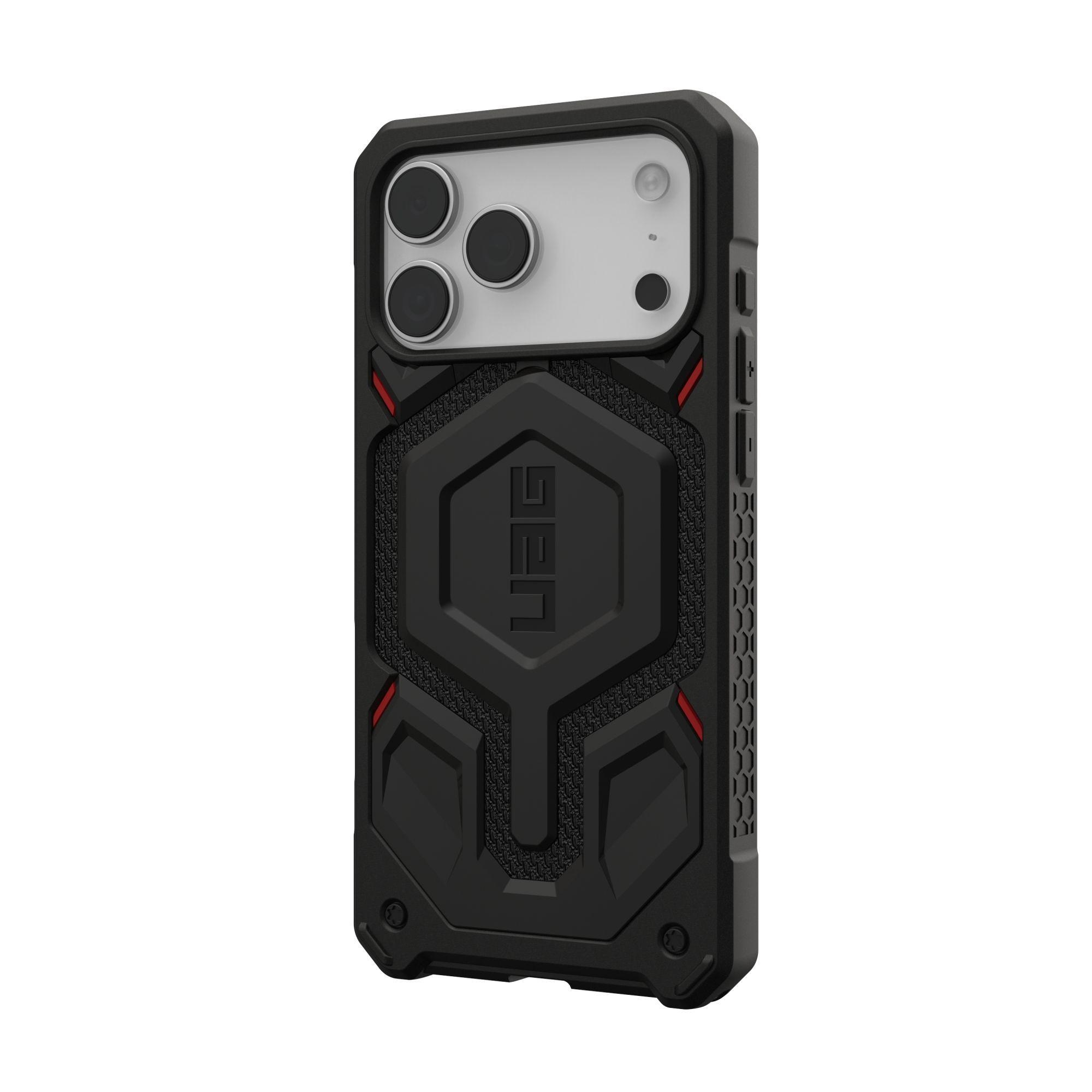 Funda negra para teléfono con área de cámara gris. Tiene un logotipo de UAG y detalles rojos. El diseño es robusto y geométrico.