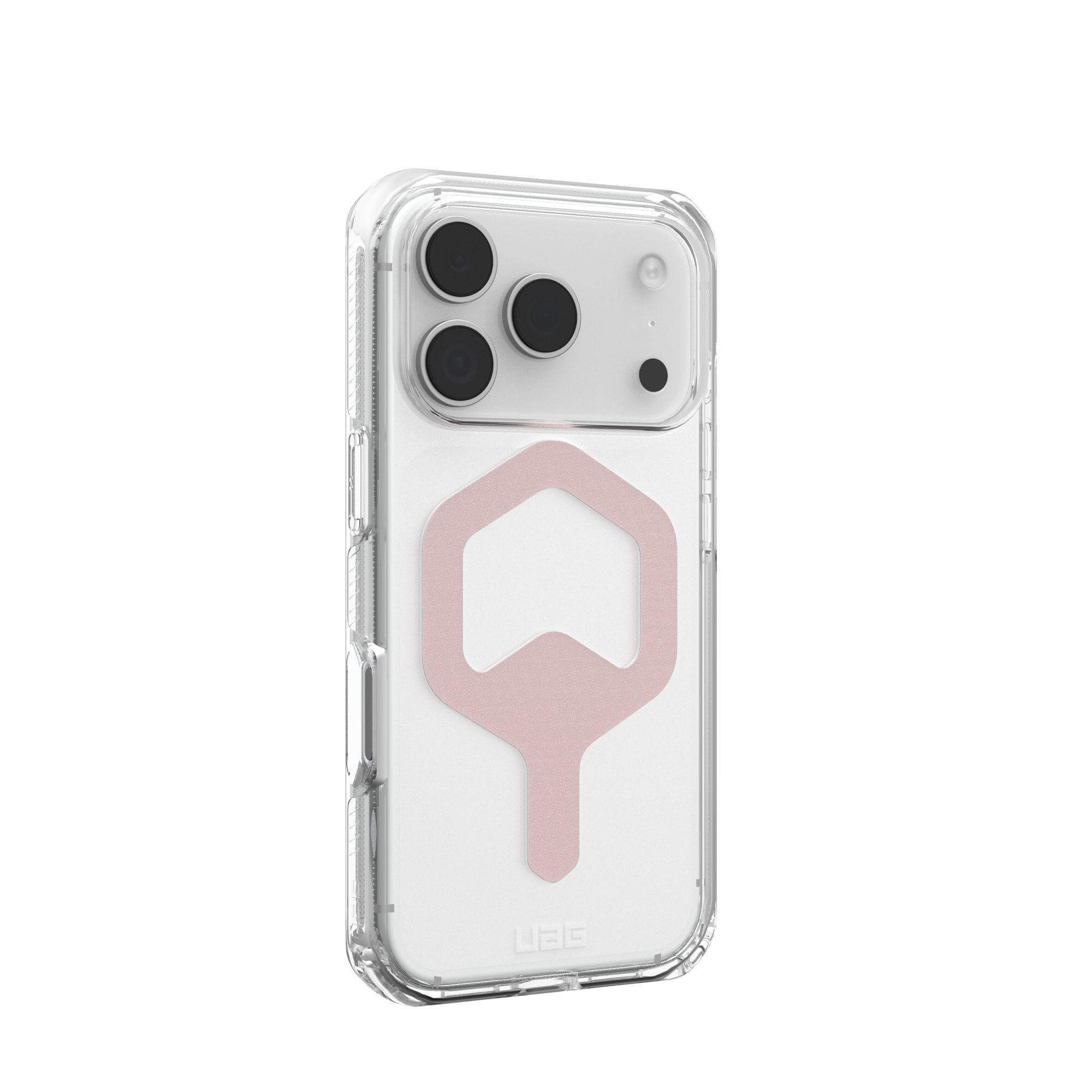 Custodia trasparente per telefono con design rosa. Presenta la fotocamera del telefono e un design a forma di chiave rosa sul retro.