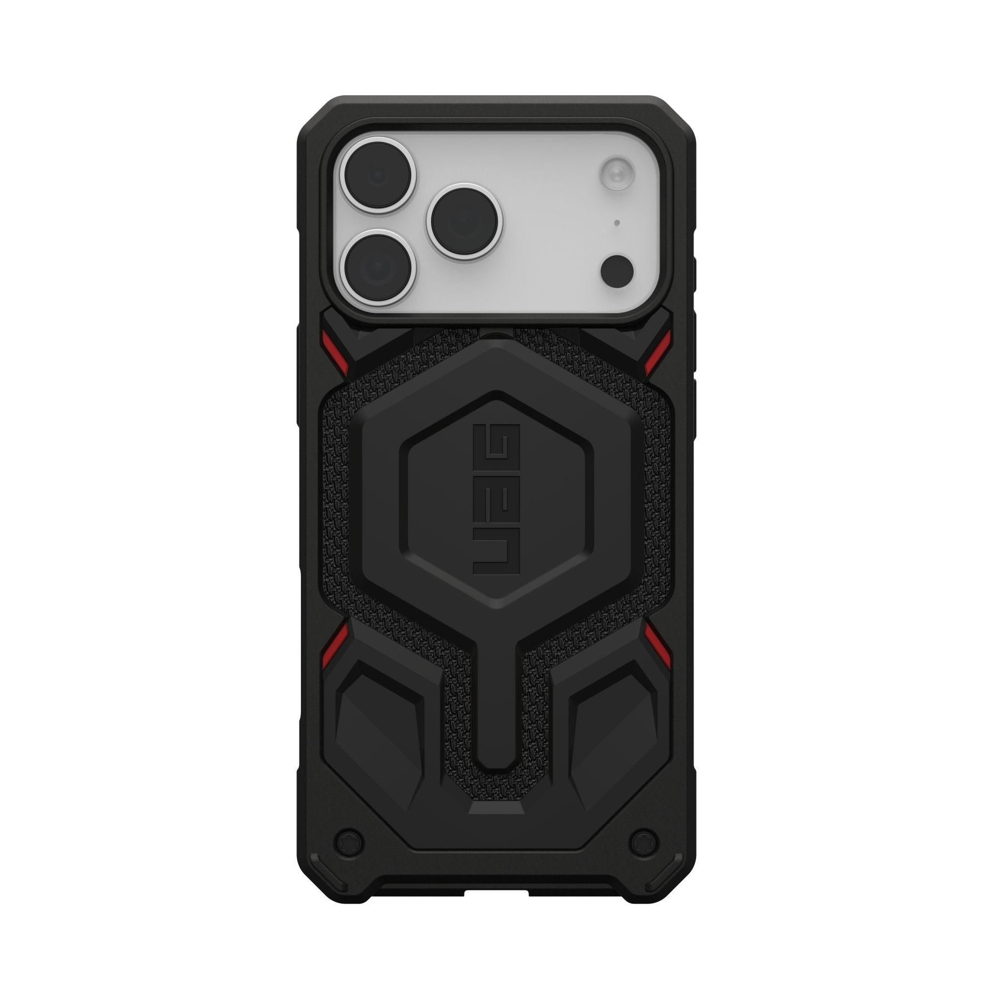 Funda negra para teléfono con logo UAG. Cuenta con recortes para la cámara, malla negra, detalles rojos y diseño robusto sobre fondo blanco.