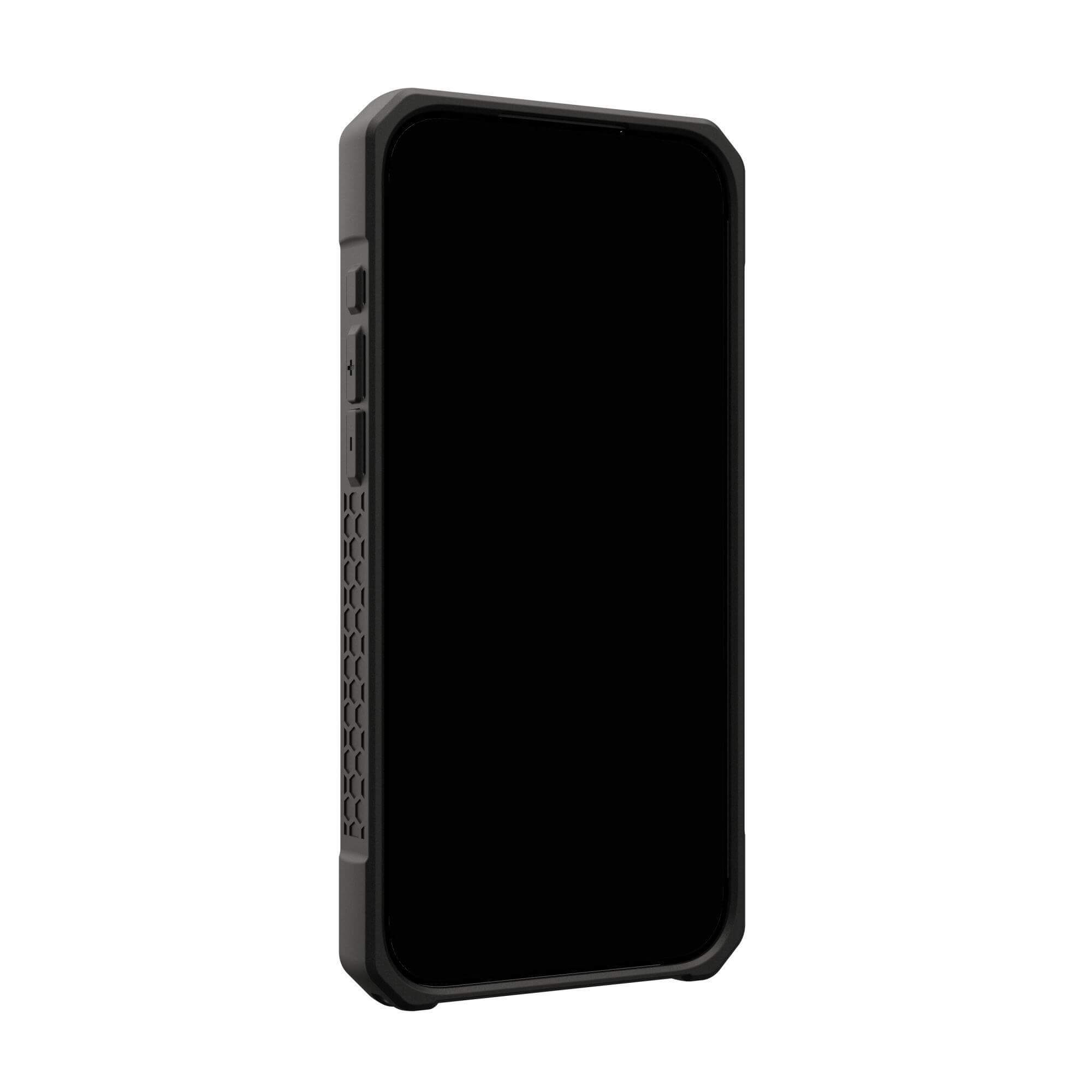 Ein schwarzes Smartphone in einer grauen Schutzhülle, vor weißem Hintergrund. Seitentasten sind sichtbar.