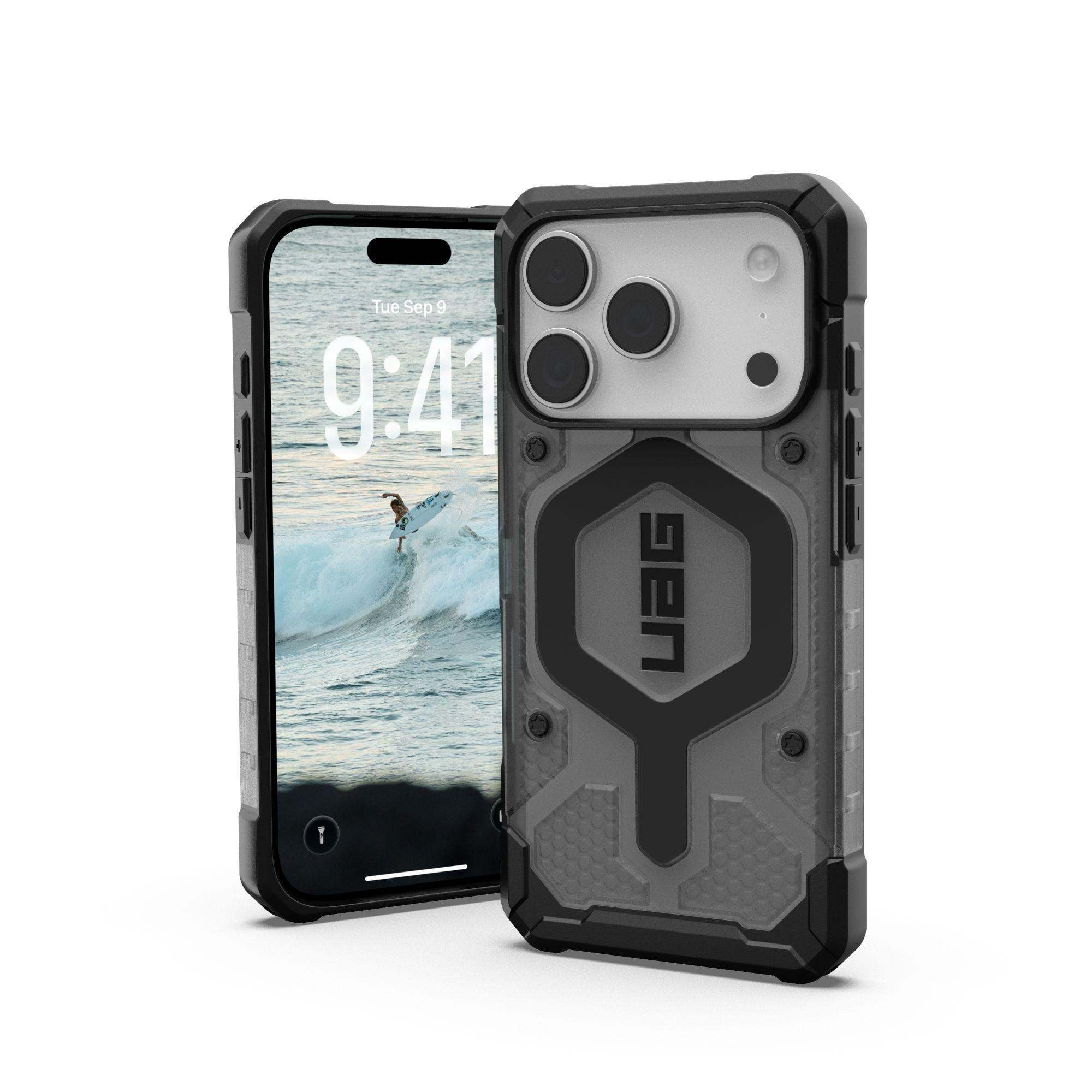 Ein iPhone mit UAG-Hülle, auf dem ein Surfer zu sehen ist. Die Hülle ist schwarz und grau, mit dem UAG-Logo.