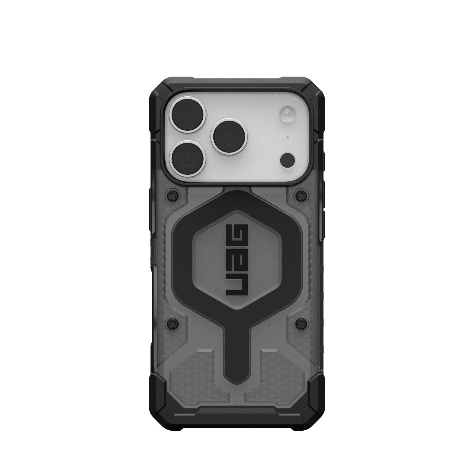 Eine schwarz-graue Handyhülle mit UAG-Logo. Sie hat Kameraausschnitte und ein Schutzdesign.