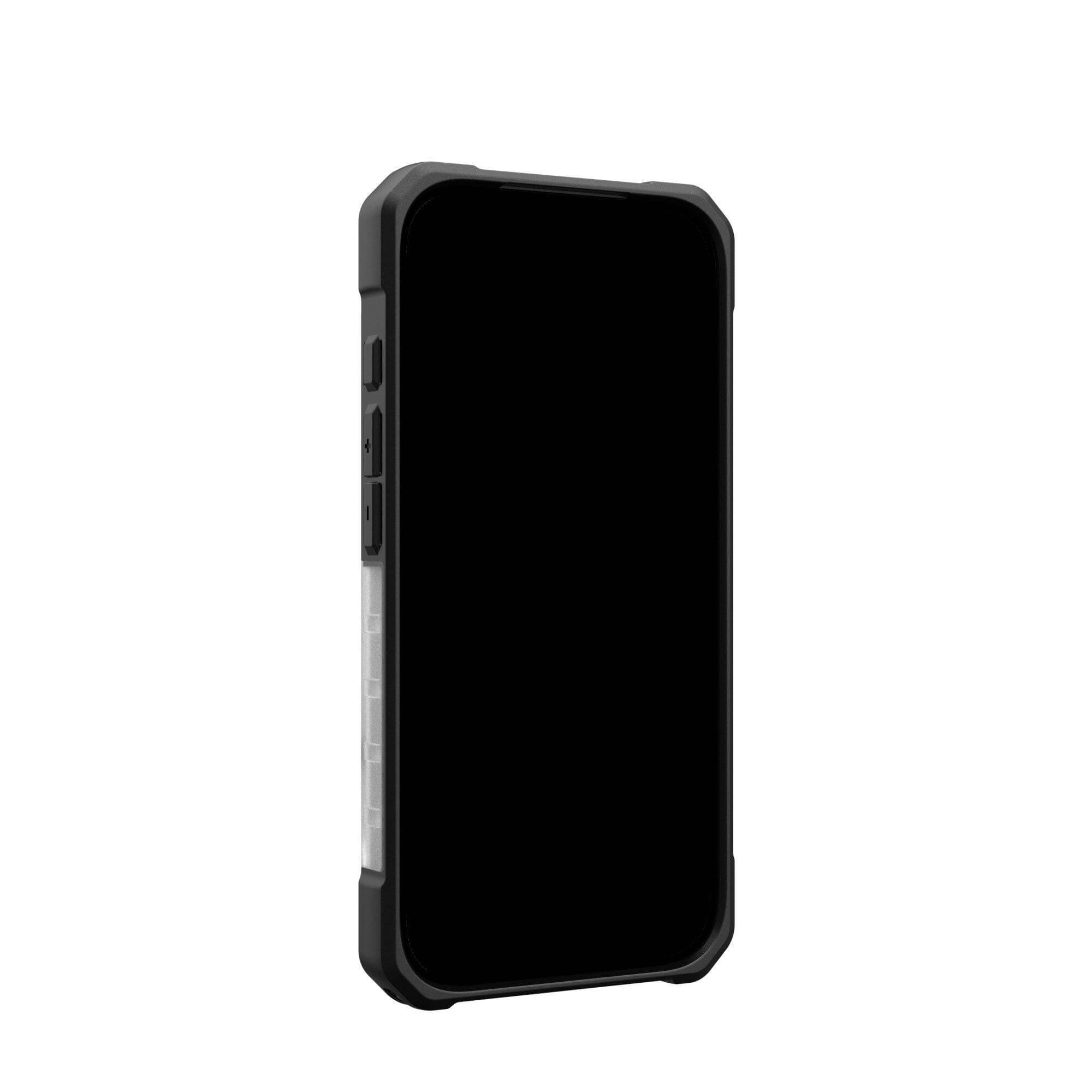 Ein schwarzes Smartphone in einer schwarz-grauen Hülle. Tasten sind an der Seite sichtbar. Weißer Hintergrund.