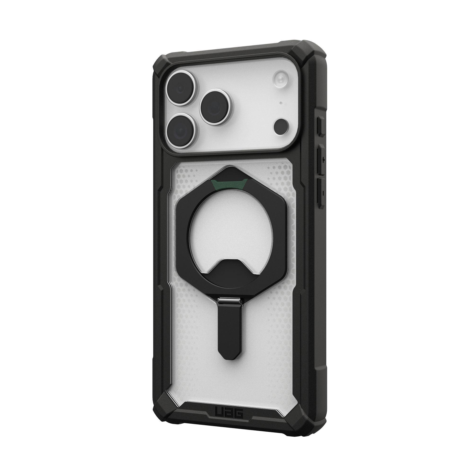 Custodia nera per telefono con apribottiglie. La custodia ha un retro trasparente e un accento verde. Logo UAG in basso.