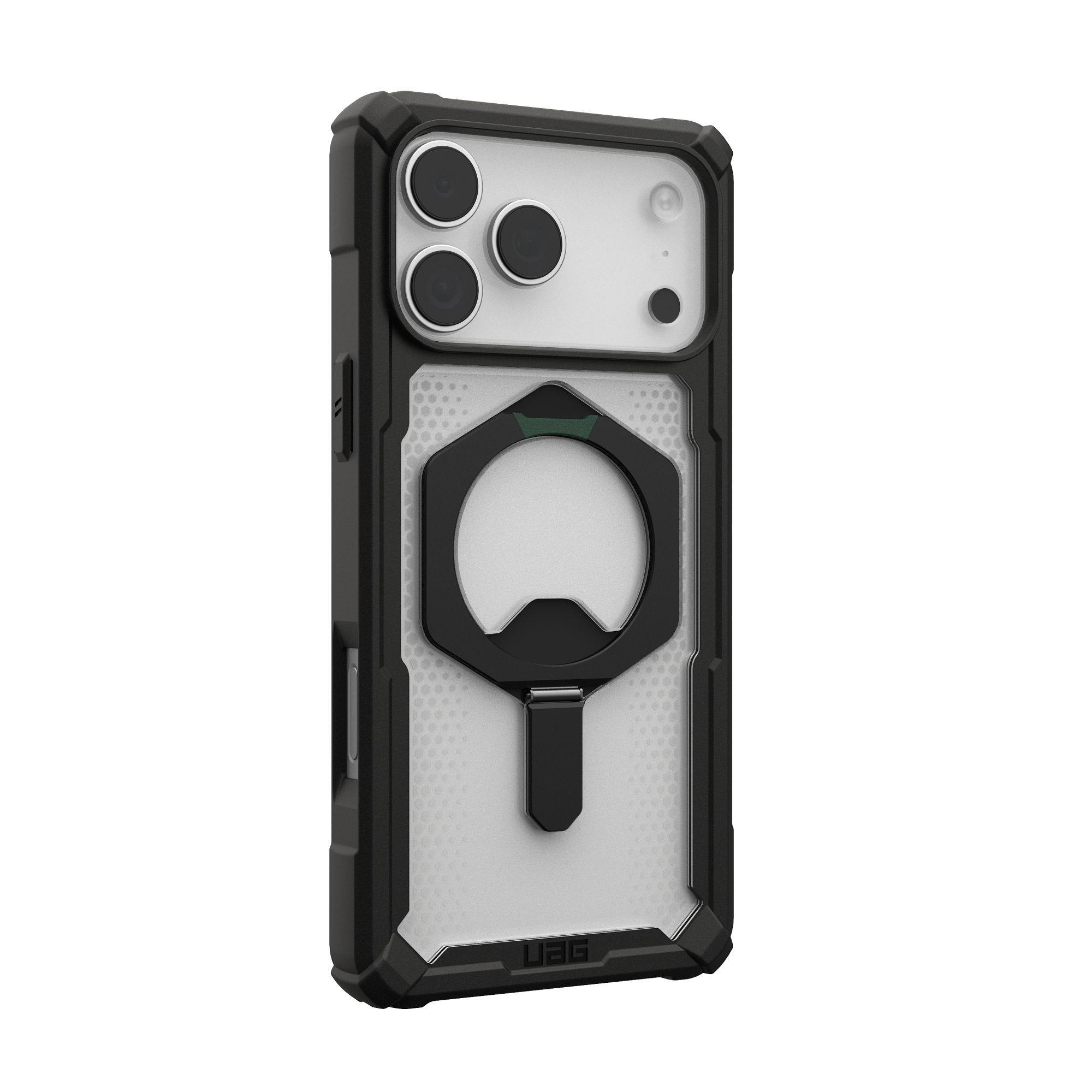 Custodia nera per telefono con apribottiglie, design protettivo e retro trasparente, vista angolata.
