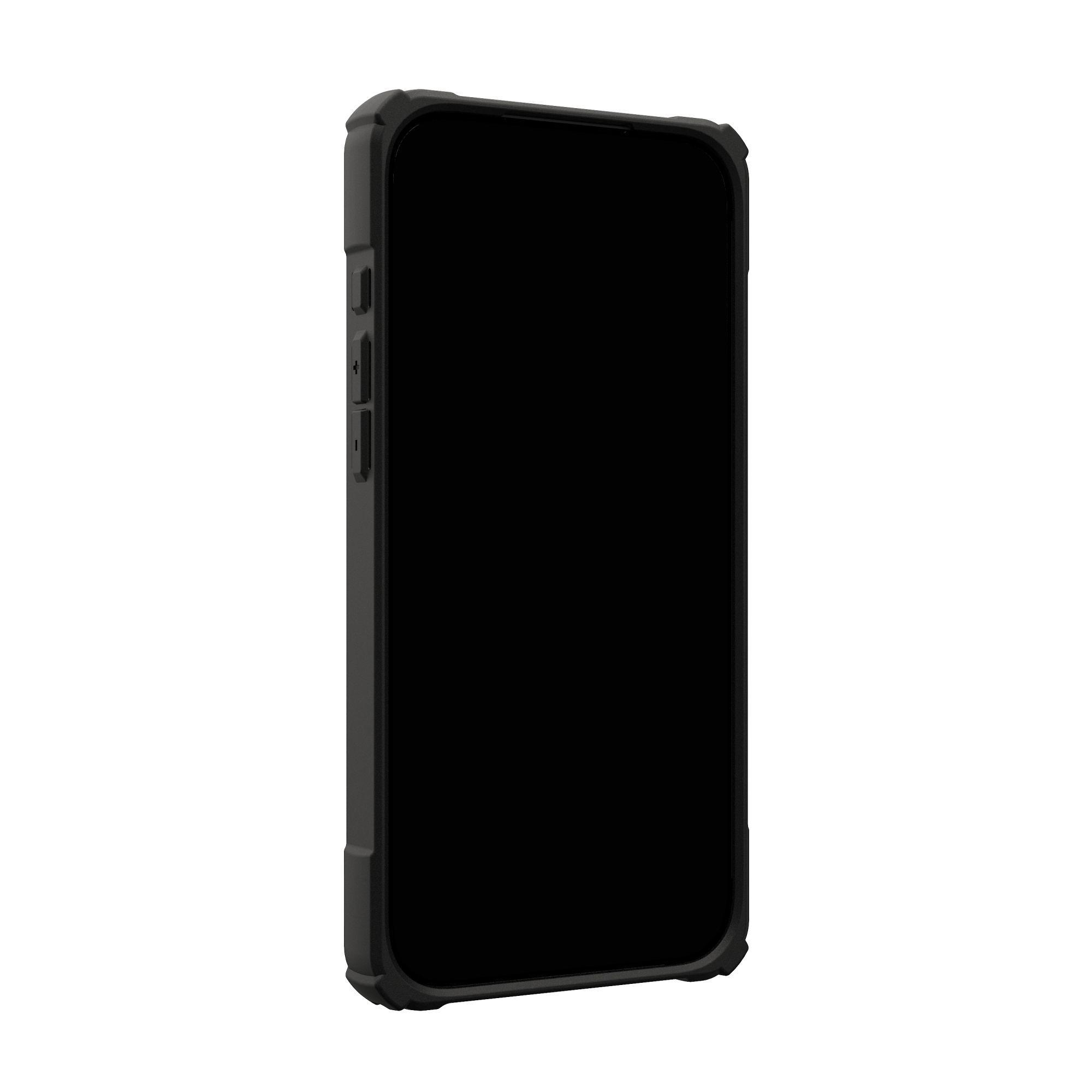 Uno smartphone nero in una custodia grigio scuro, su sfondo bianco. Lo schermo è nero.
