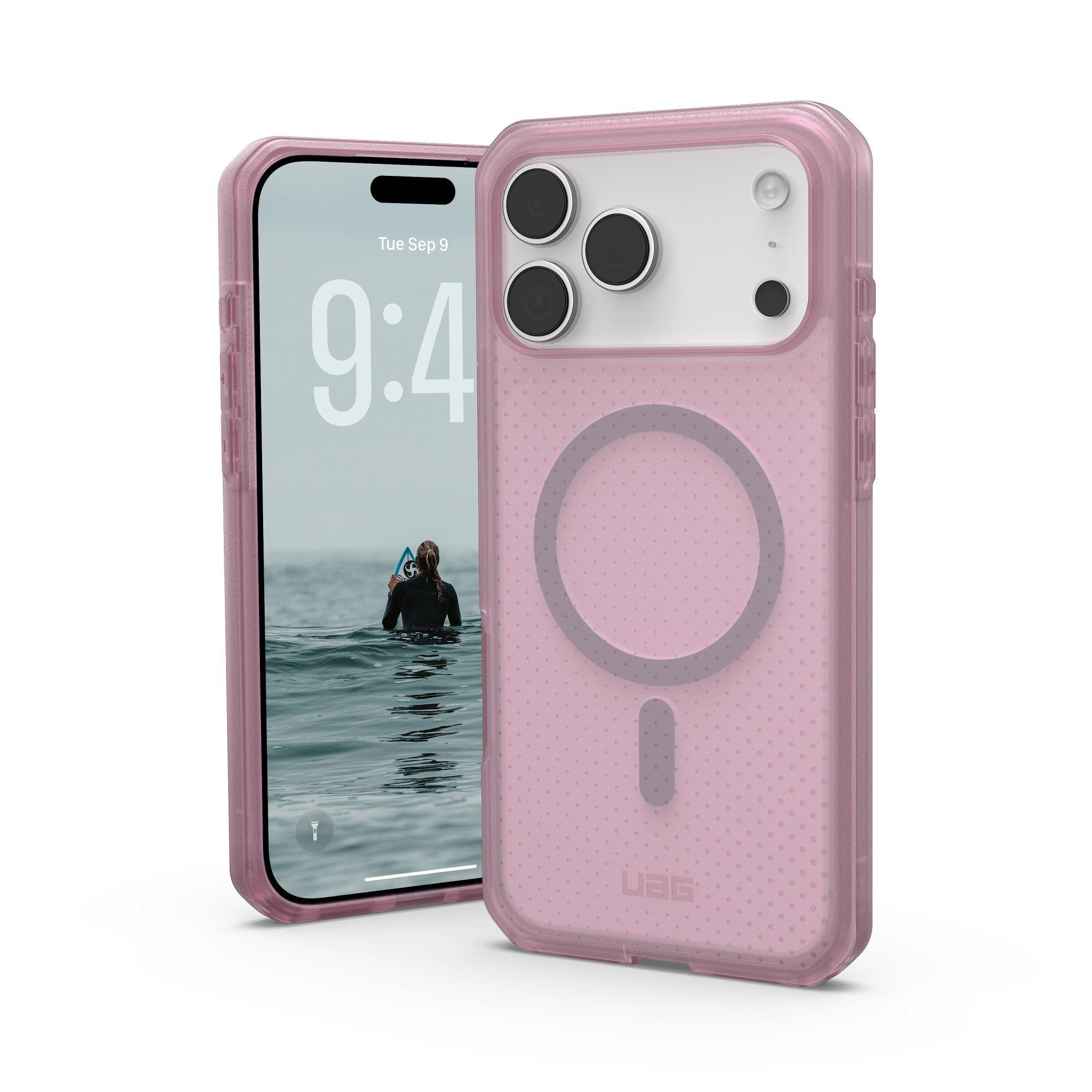 iPhone w różowym etui, wyświetlający surfera w wodzie. Etui ma pierścień magnetyczny i wycięcia na aparat.