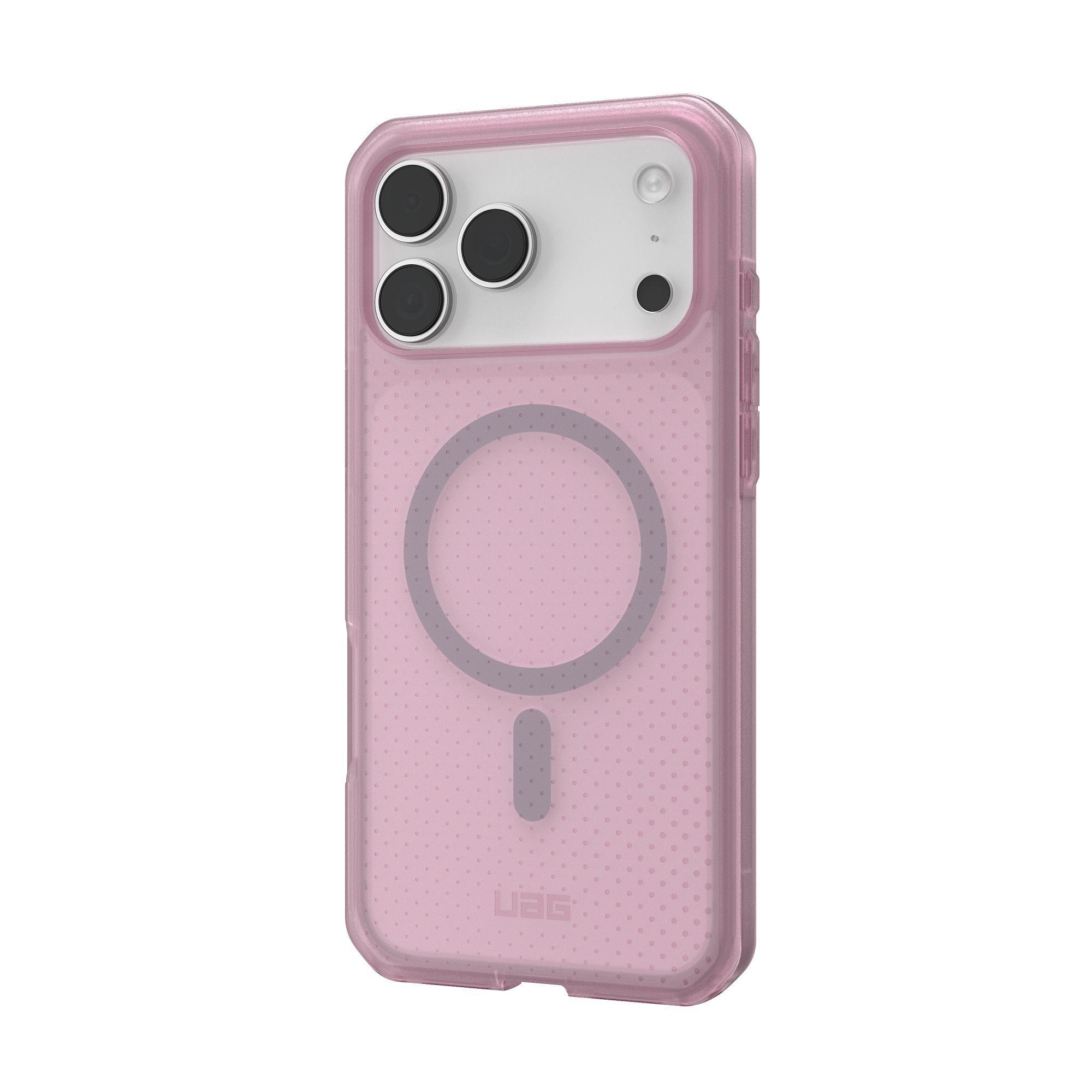 Różowe etui na telefon. Posiada wycięcie na aparat, pierścień magnetyczny i logo UAG na dole.