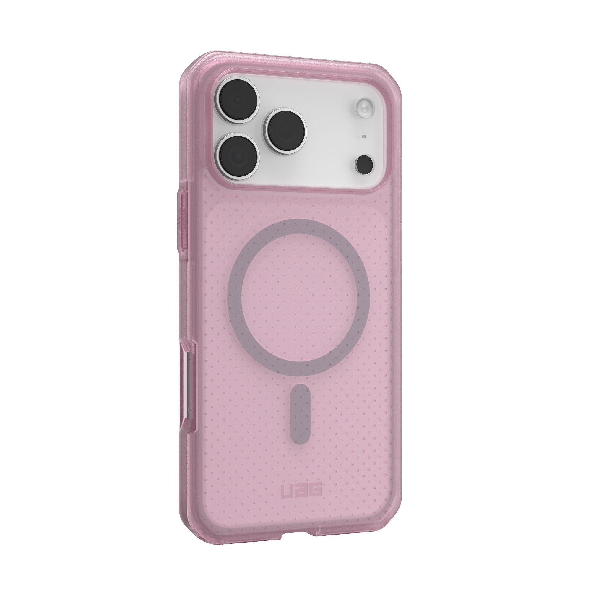 Różowe etui na telefon z wycięciami na aparat i magnetycznym okręgiem. Logo UAG na dole.