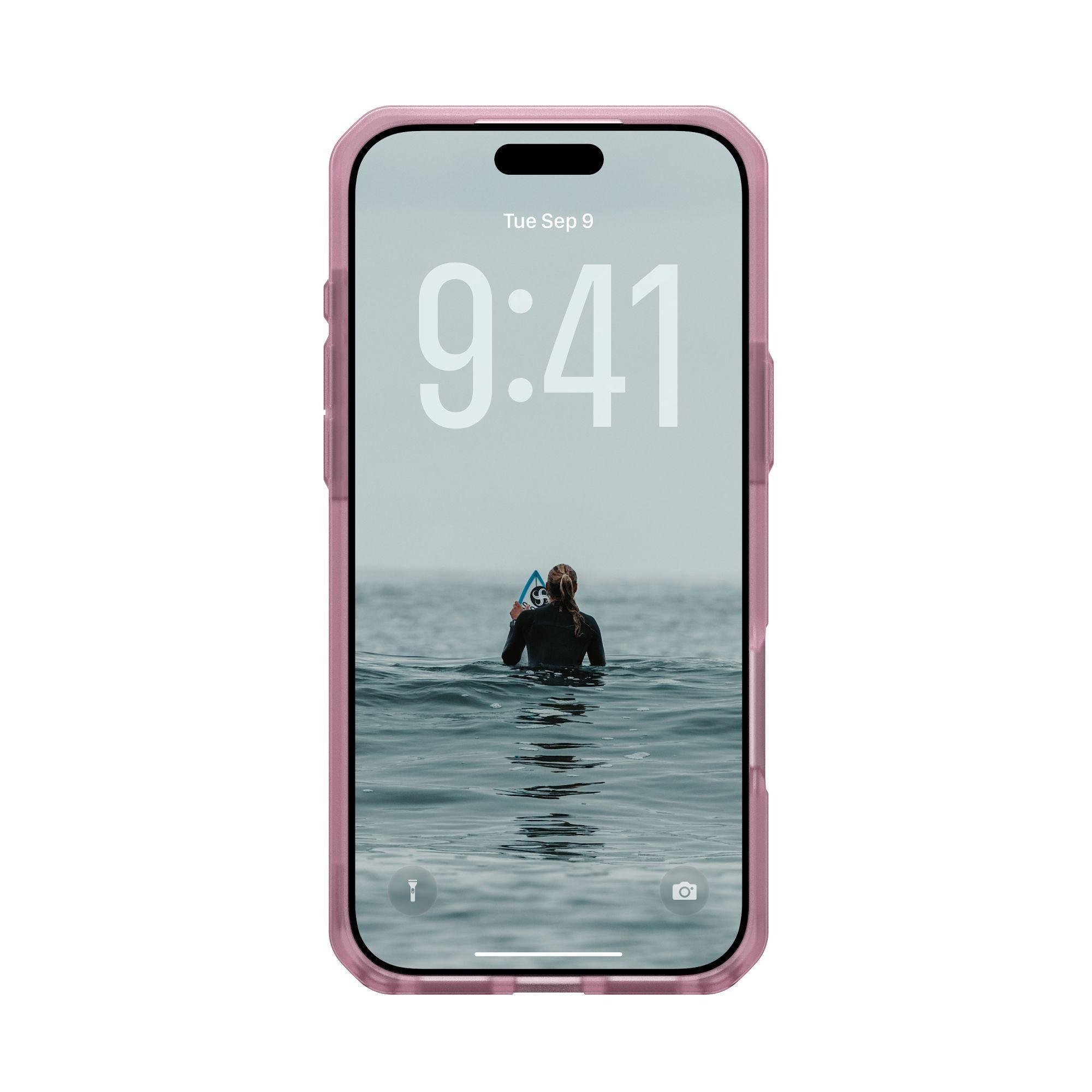 iPhone w różowym etui, wyświetla surfera w oceanie o 9:41, wt. 9 wrz. Białe tło.