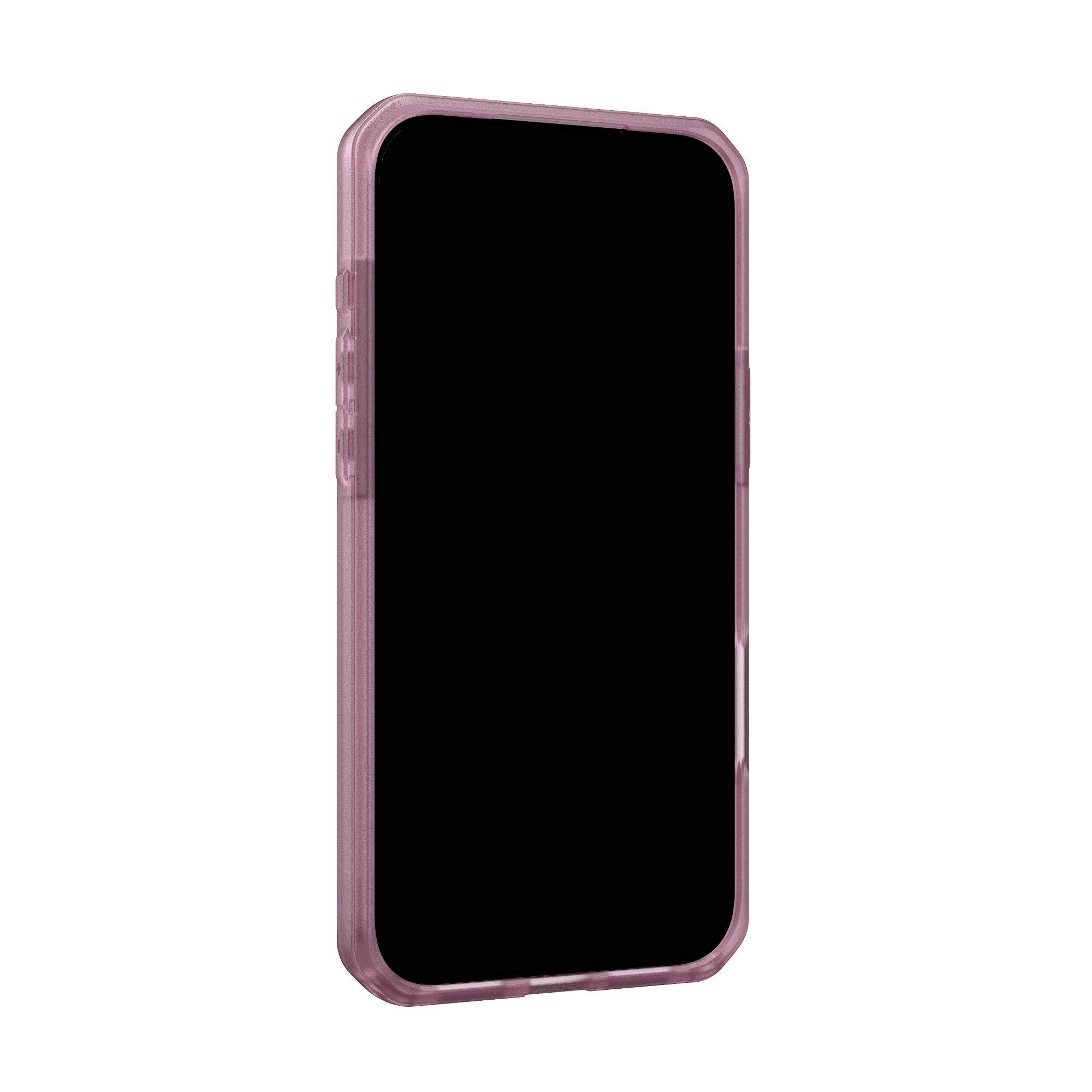 Telefon z czarnym ekranem jest zamknięty w różowo-fioletowym etui. Tło jest gładko białe.