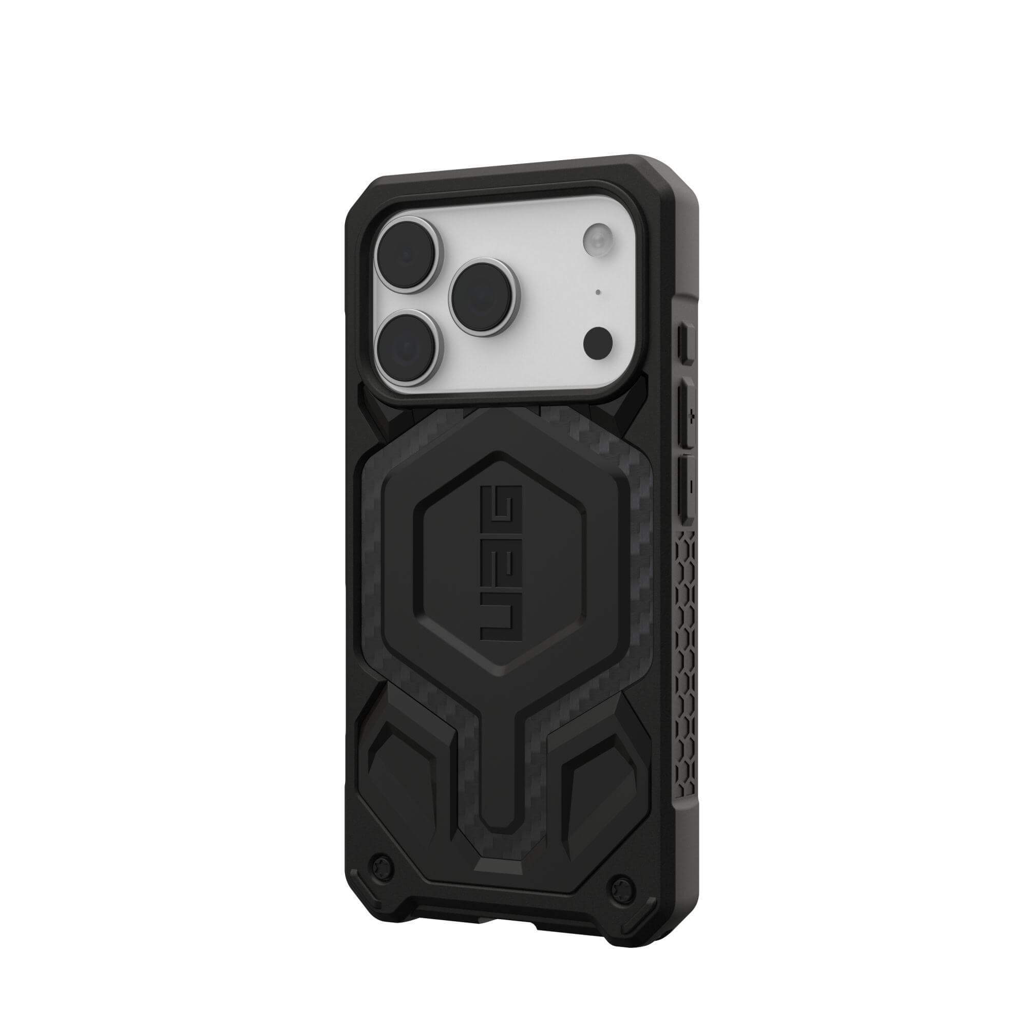 Funda negra UAG para teléfono sobre fondo blanco. La funda tiene recortes de cámara y el logotipo de UAG.