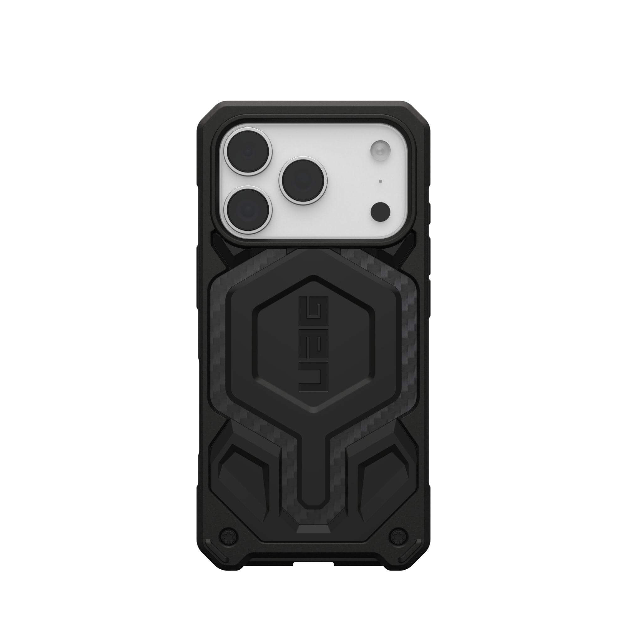 Una funda negra para teléfono con diseño robusto, recortes de cámara y el logotipo 'UAG'.