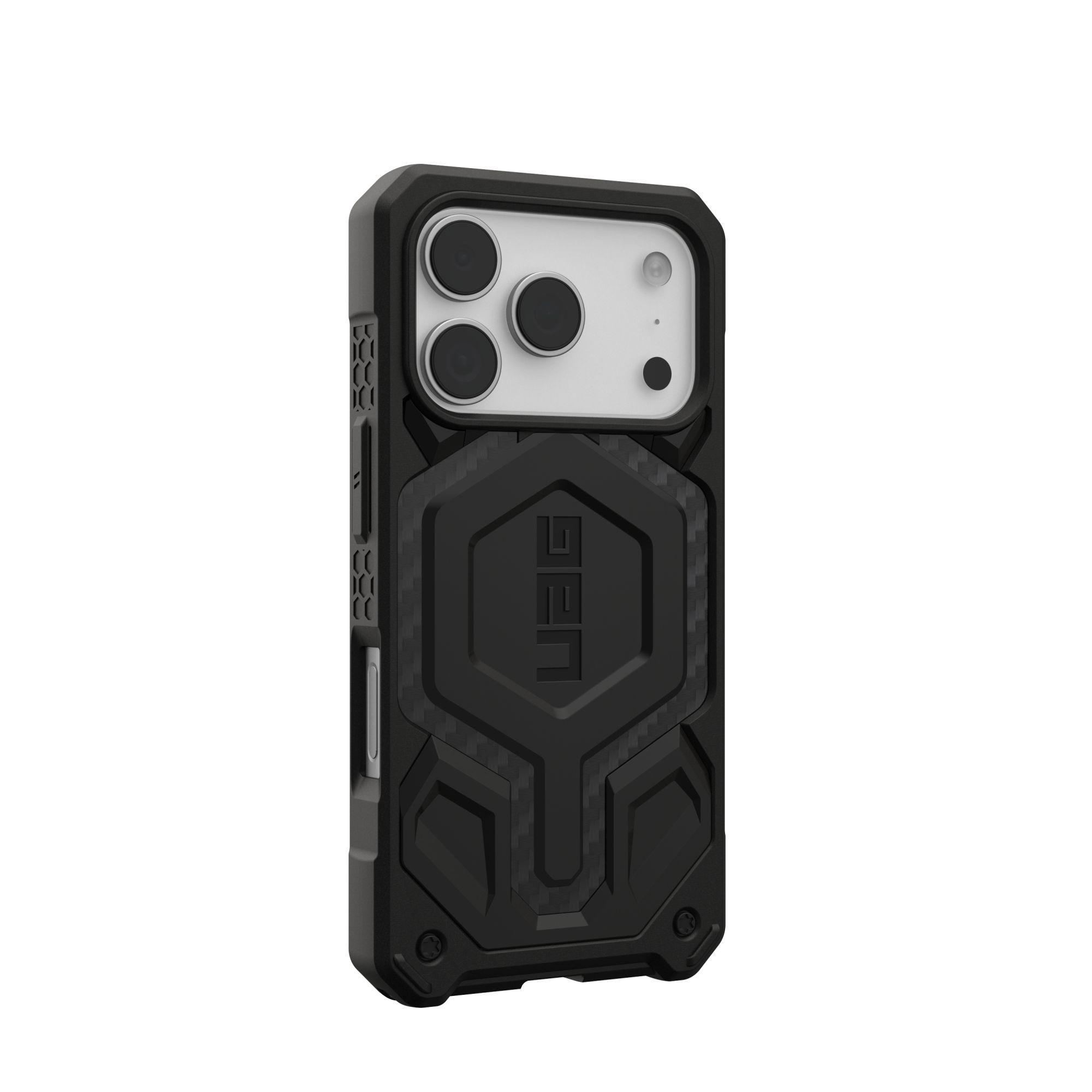 Funda de teléfono negra con el logotipo de UAG y múltiples recortes para la cámara. Está sobre un fondo blanco.