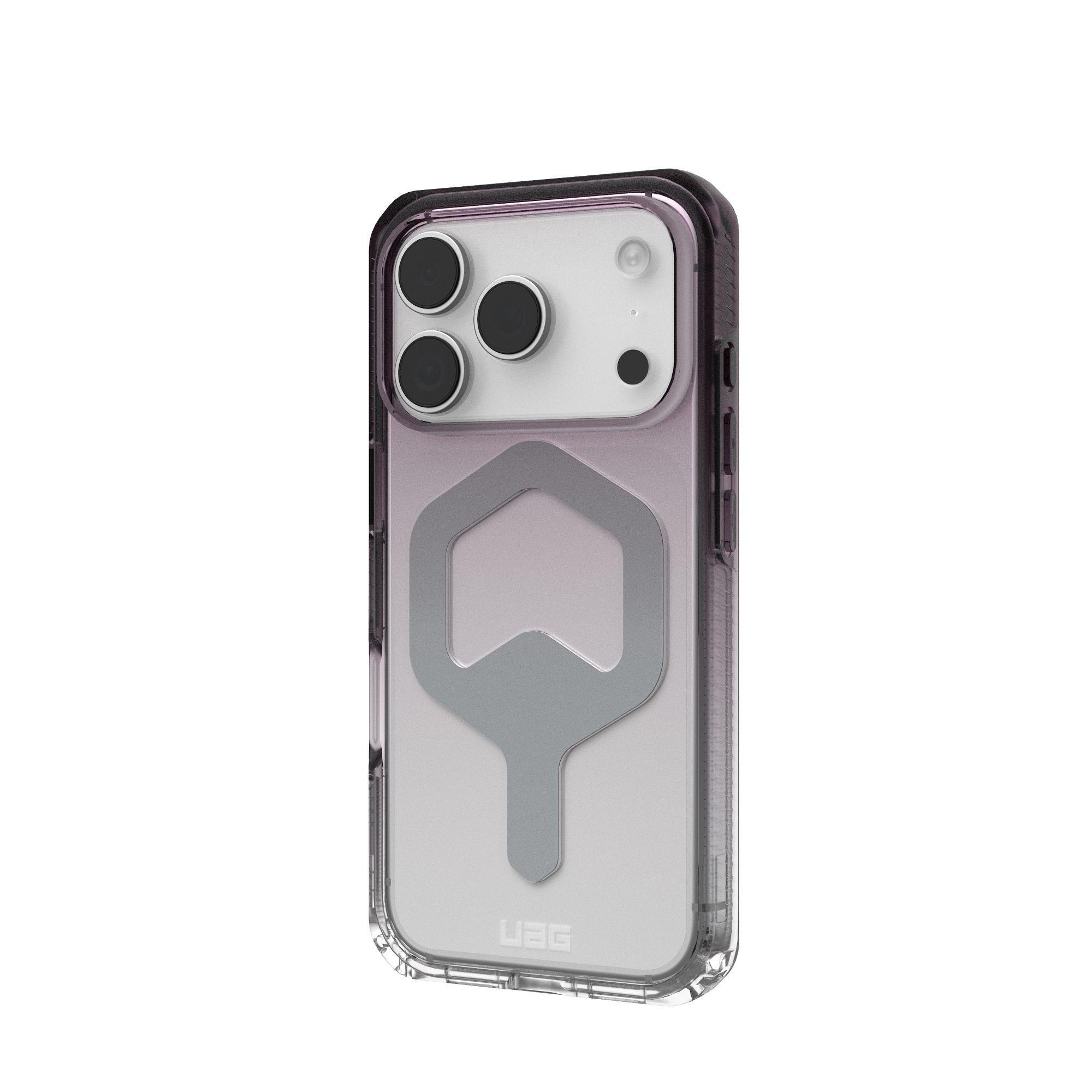 Custodia trasparente con bordi neri. Ha tre lenti nere per la fotocamera e un design apribottiglie argentato sul retro.