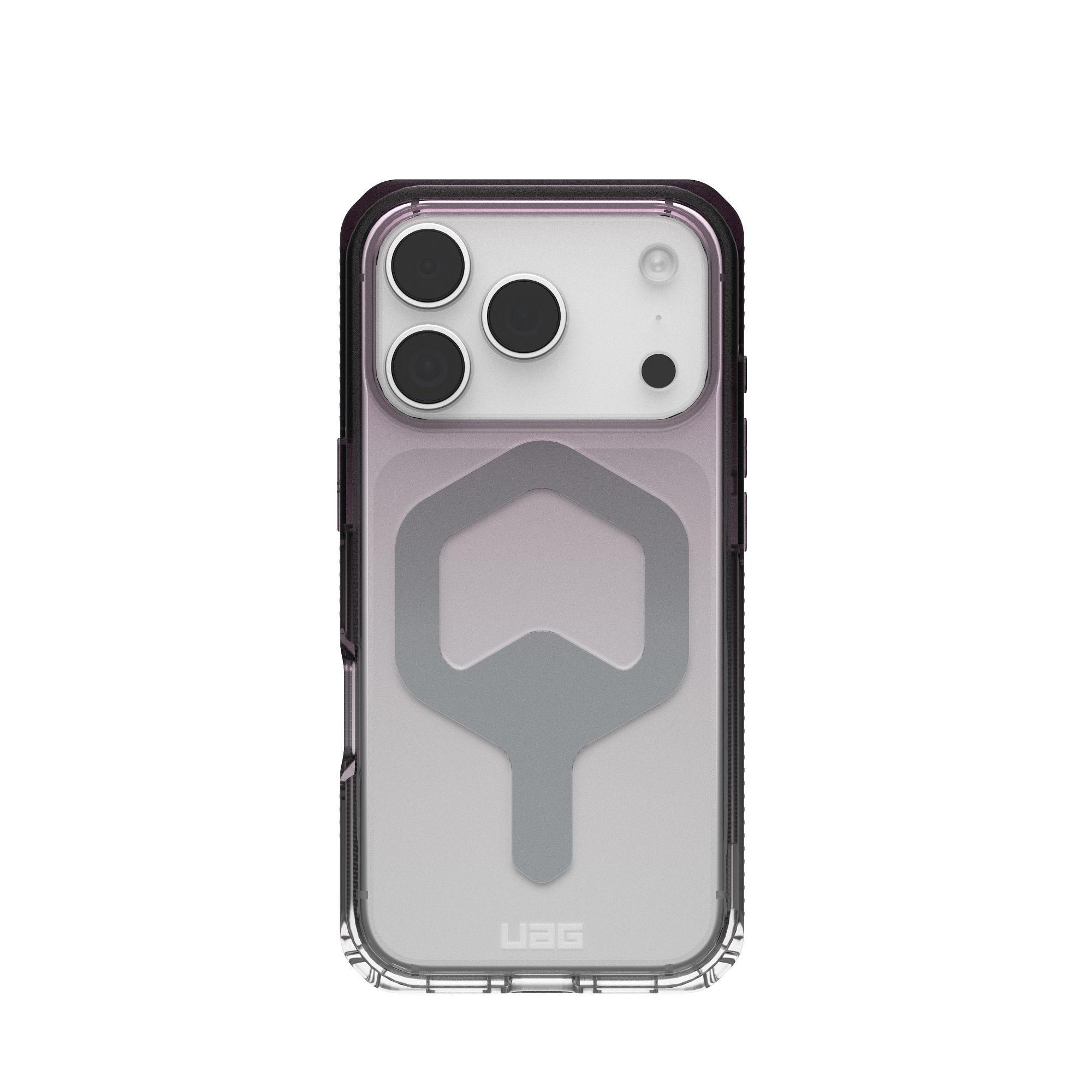 Custodia trasparente per telefono con bordi neri. Design esagonale grigio sul retro. Tre lenti e un flash.