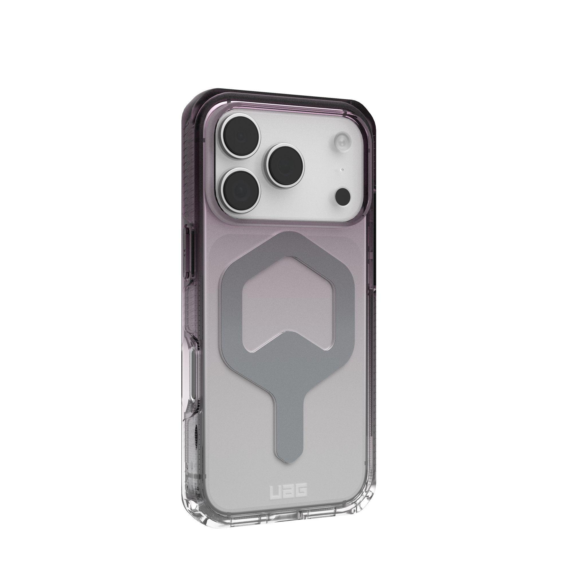 Custodia trasparente per telefono con cornice scura, ritagli per fotocamera e un'emblema metallica grigia. La custodia ha un logo UAG.
