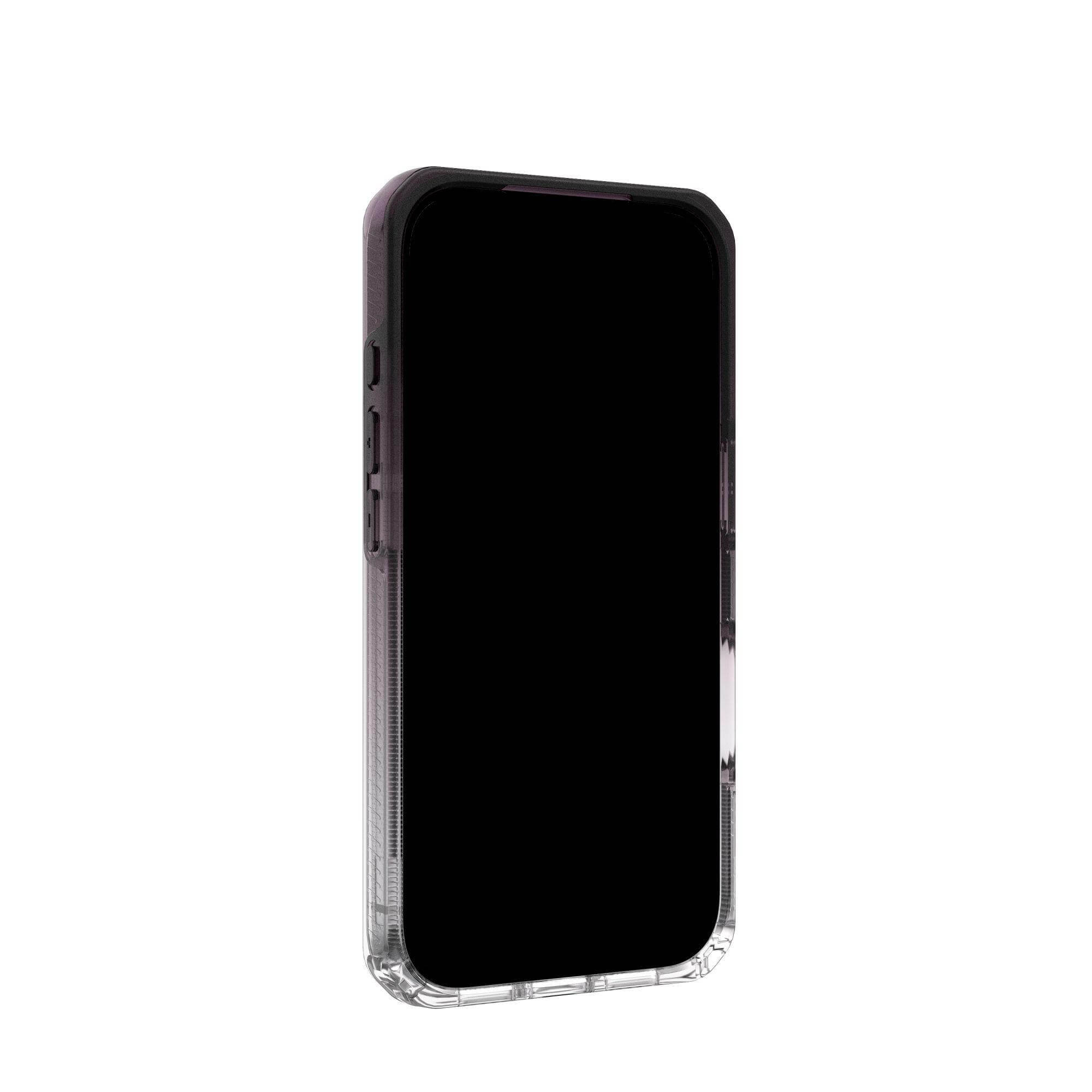 Ein Smartphone in einer durchsichtigen Schutzhülle. Der Bildschirm ist schwarz. Die Hülle hat einen schwarzen Rand und Knöpfe.