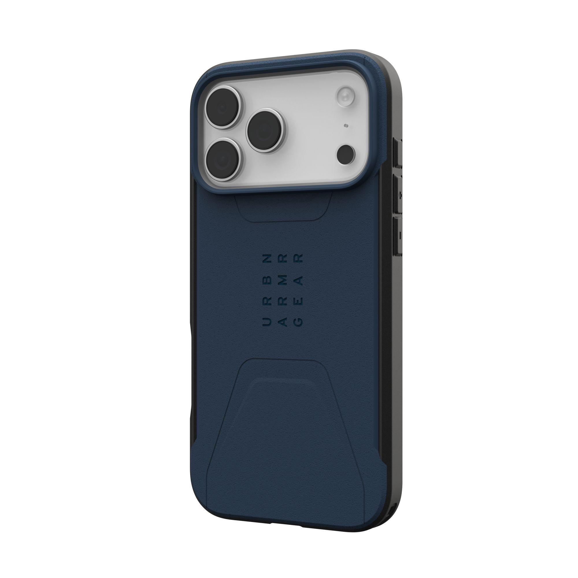 Blaue und schwarze iPhone-Hülle mit Kameraausschnitten und Markenschriftzug. Grauer Kamerabereich und Knöpfe rechts.
