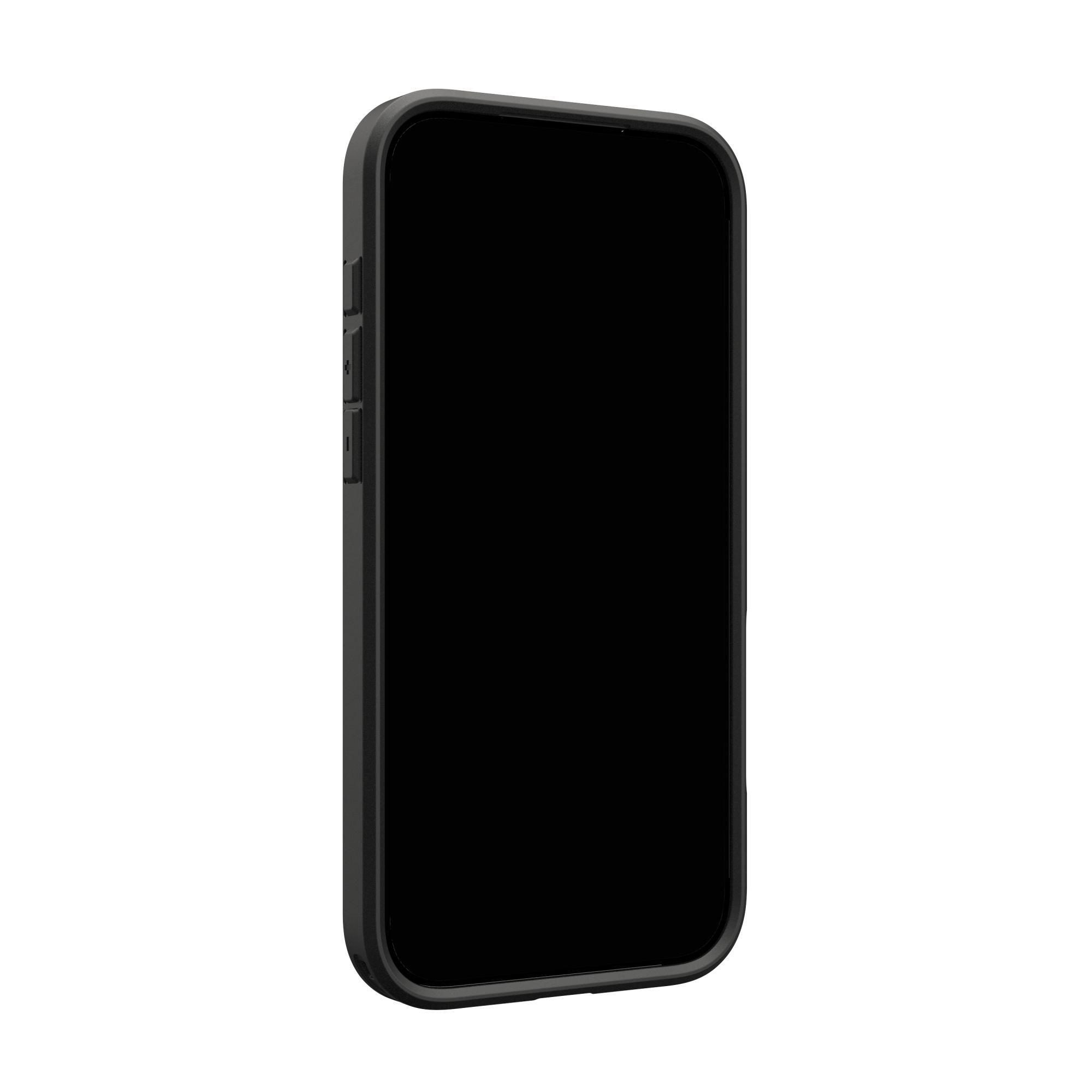 Un smartphone dans un étui noir, avec un écran noir, sur fond blanc.