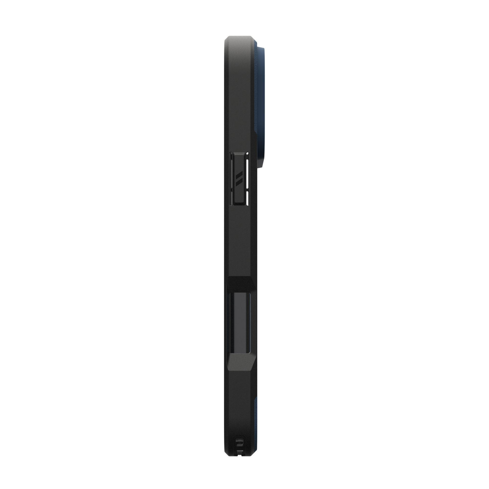 Un étui de téléphone noir est montré de profil. L'étui a un intérieur bleu. Le fond est blanc.