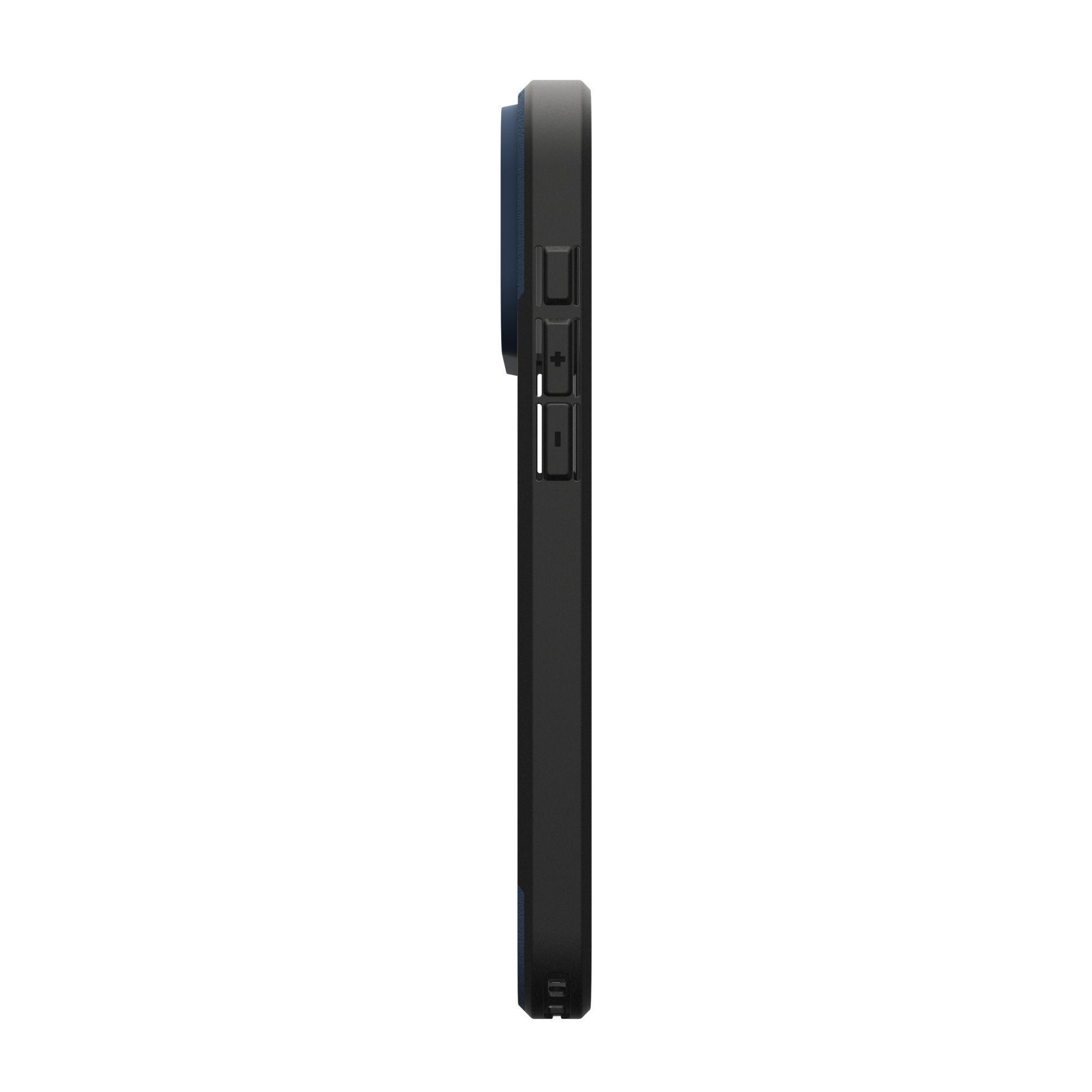 Vue latérale d'une coque de téléphone noire avec des accents bleus. Elle comporte des boutons et des découpes pour l'appareil photo, sur fond blanc.