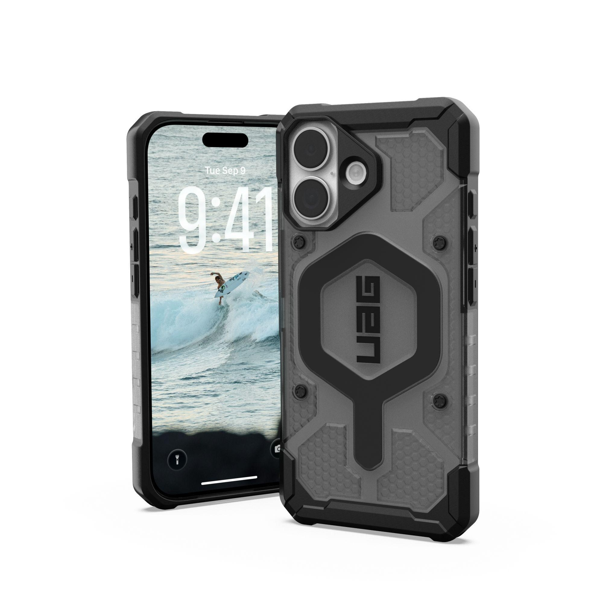 Ein iPhone mit einer Surfszene auf dem Bildschirm befindet sich neben einer schwarz-grauen UAG-Handyhülle.