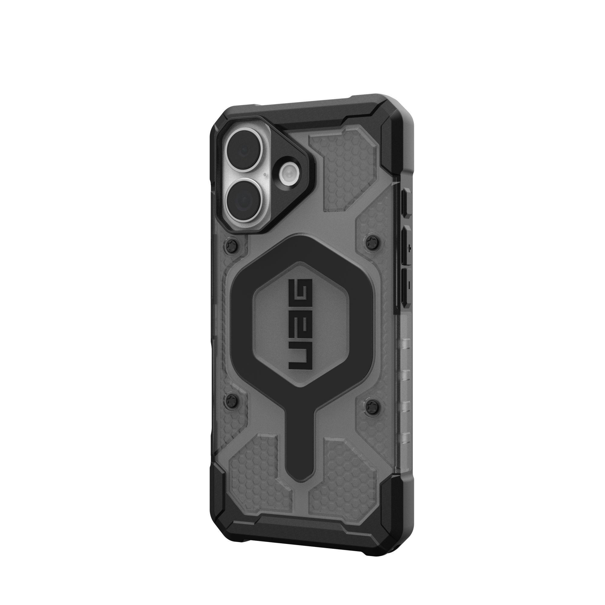 Eine Handyhülle mit schwarzem und grauem Design. Sie hat einen robusten Look mit dem Markennamen UAG. Der Hintergrund ist weiß.