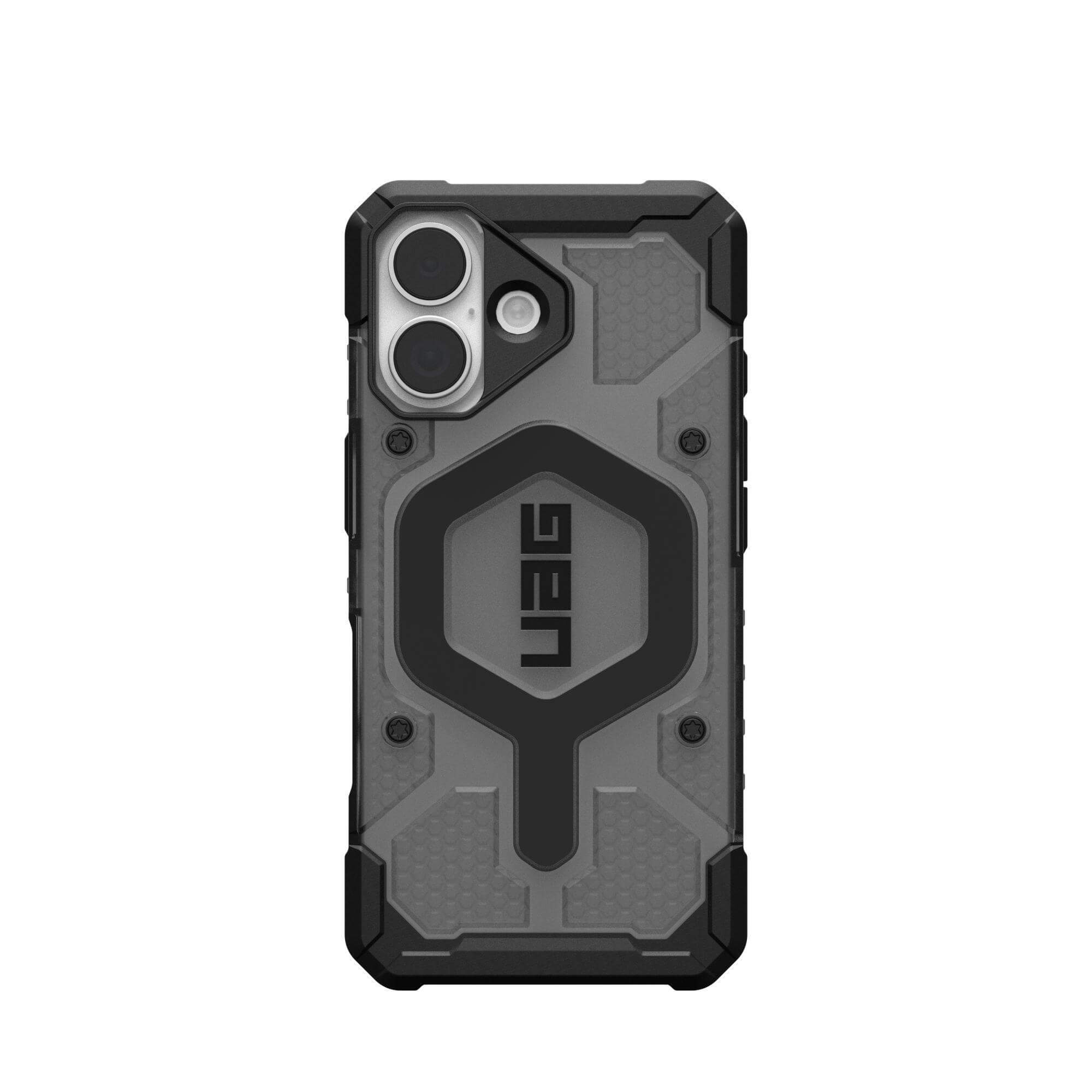 Eine schwarz-graue Handyhülle mit UAG-Logo, Kameraausschnitten und strukturiertem Design.