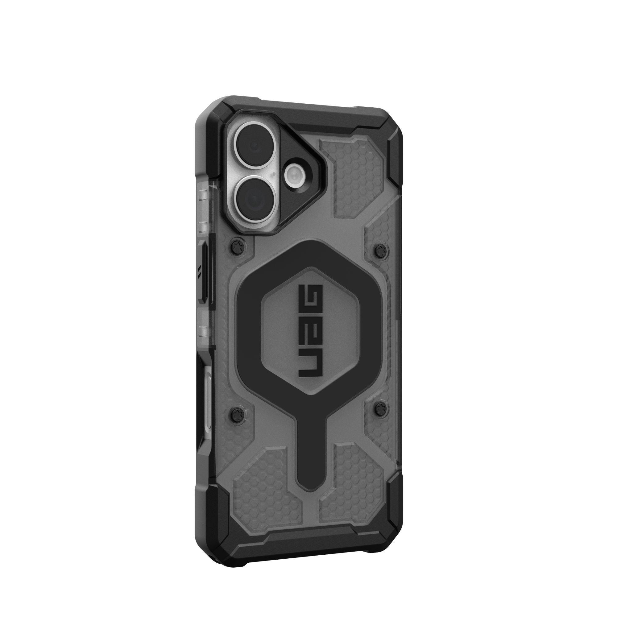 Eine schwarz-graue Handyhülle mit UAG-Logo, Kameraausschnitten und einem Schutzdesign.
