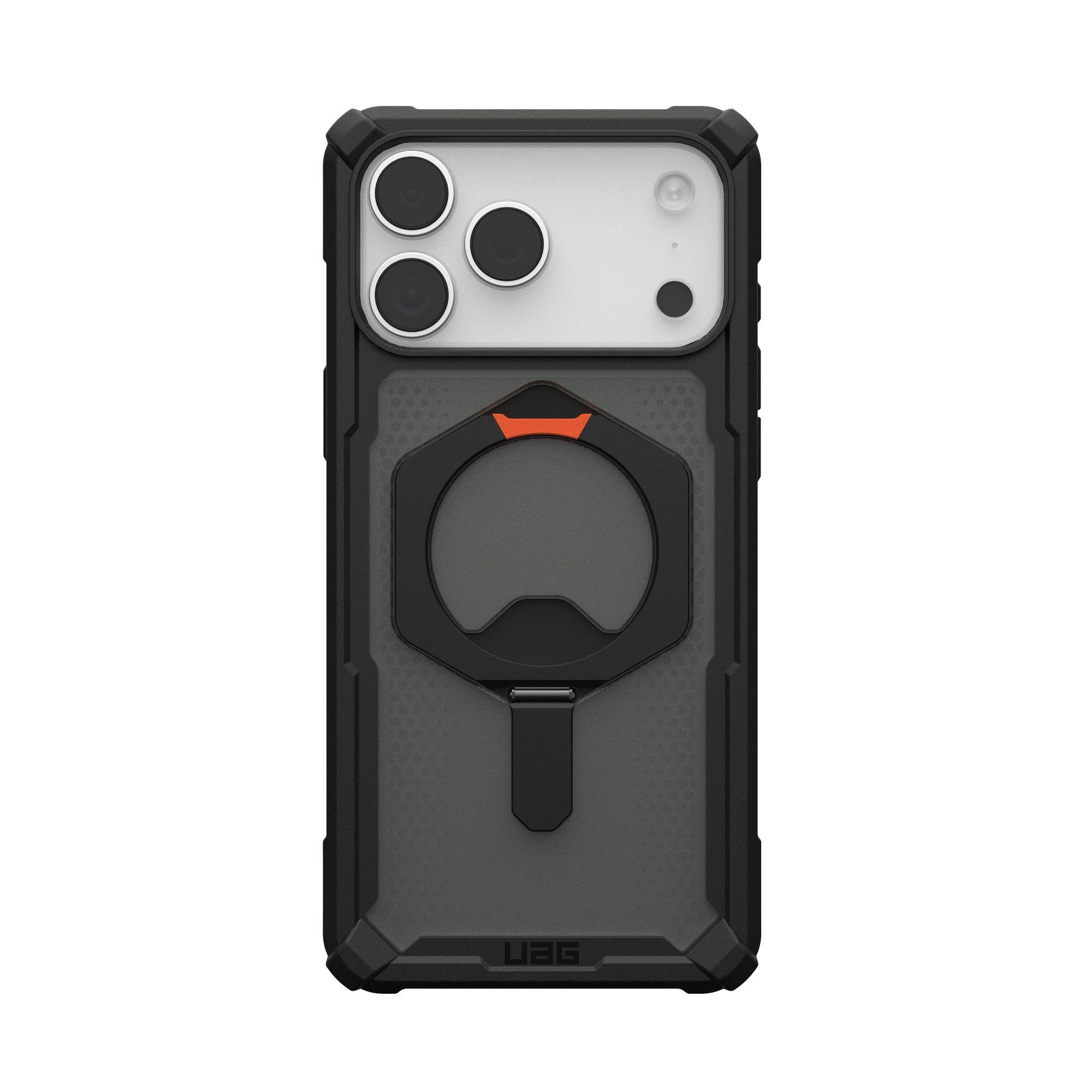 Schwarze Handyhülle mit Kameraausschnitten, orangefarbenem Akzent und Flaschenöffner. UAG-Logo unten.