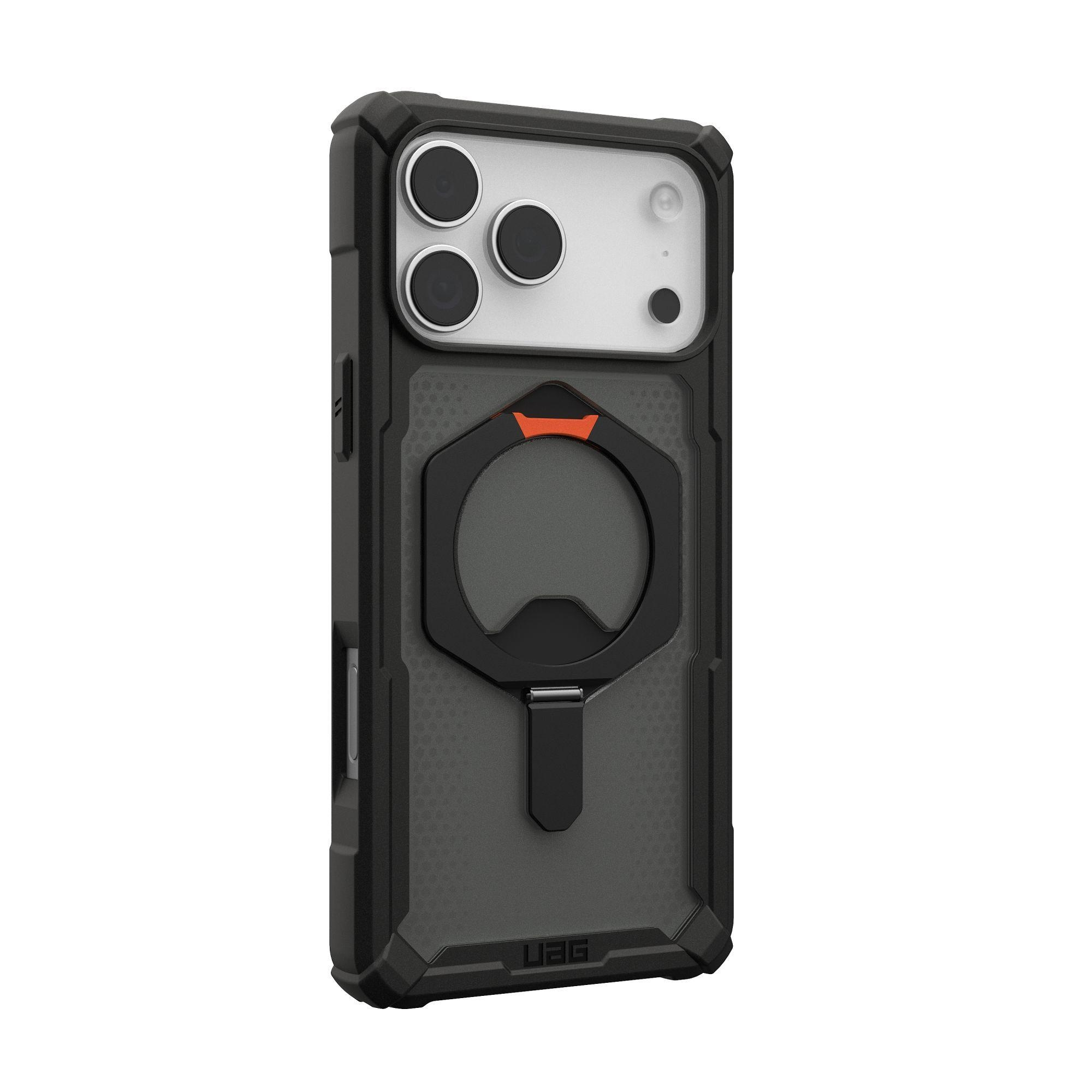 Schwarze Handyhülle mit Kameraausschnitten, einem orangefarbenen Akzent und einem Flaschenöffner-Design.