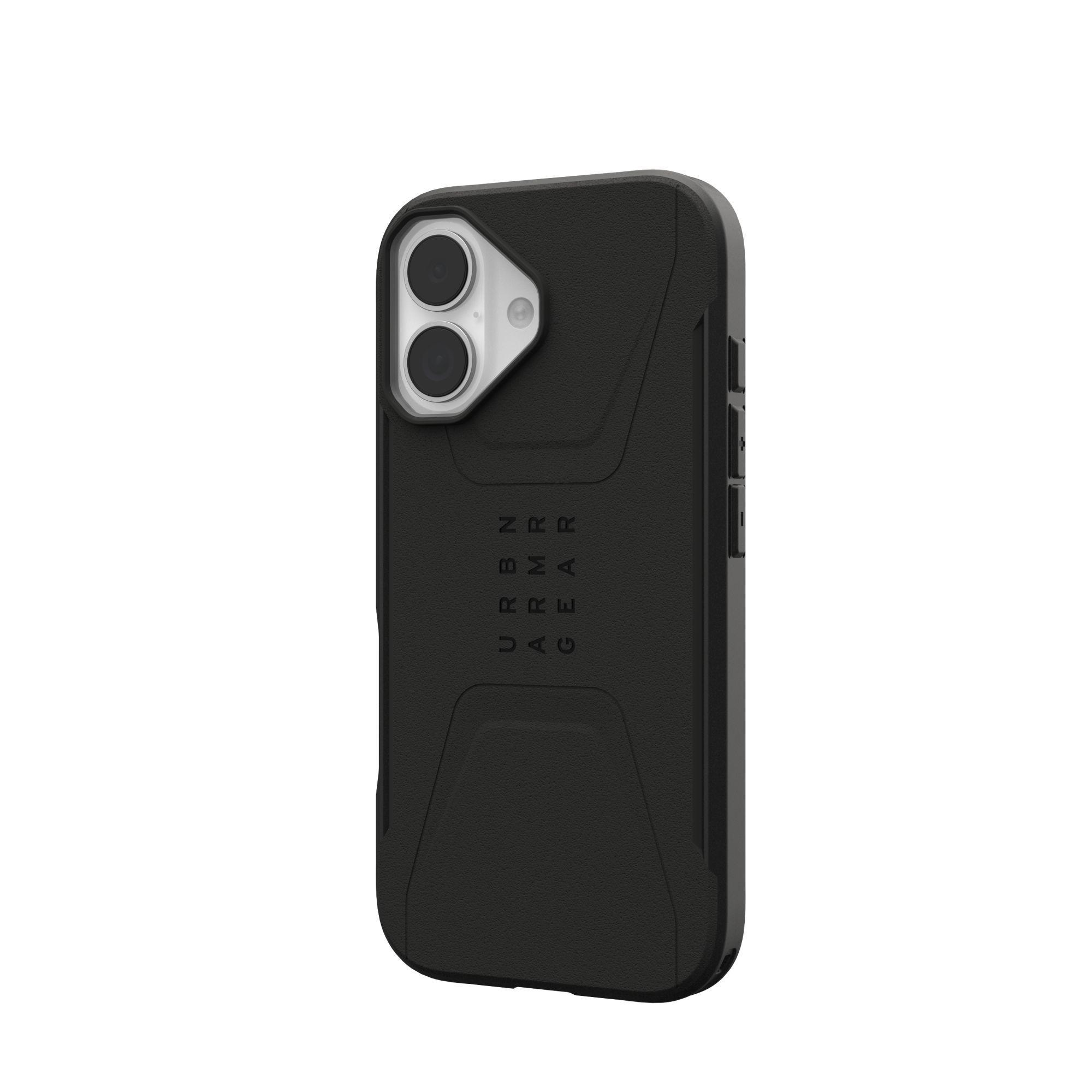 Une coque de téléphone noire avec la marque URBN ARMOR GEAR. La coque a une découpe pour la caméra et des boutons latéraux.