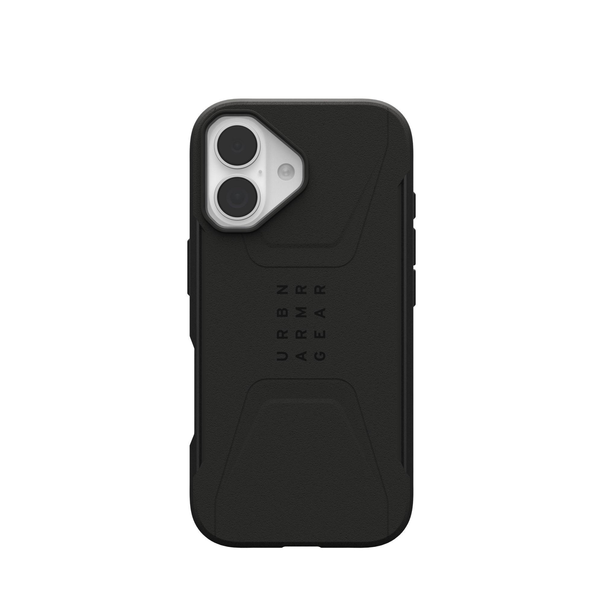 Coque de téléphone noire avec découpes pour caméra et logo URBN ARMOR GEAR. Fond blanc.