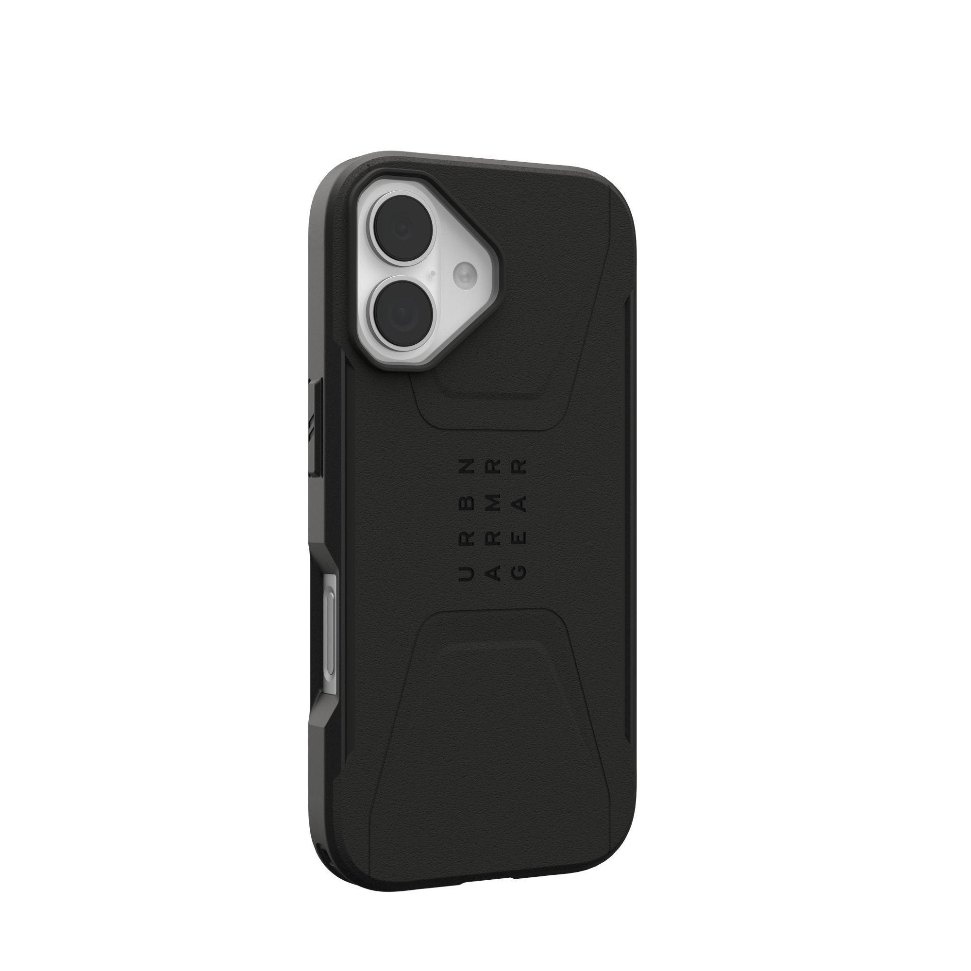 Coque de téléphone noire avec découpes caméra et logo URBN ARMOR GEAR. Fond blanc.