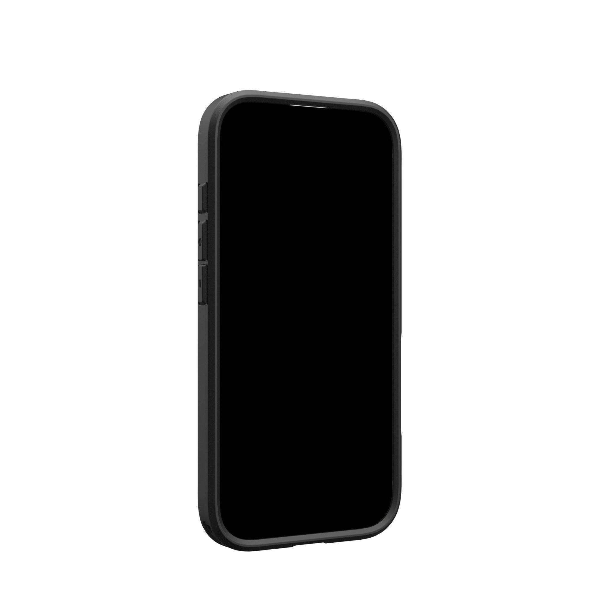 Un smartphone noir dans un étui gris foncé est présenté sur fond blanc. Des boutons sont visibles sur le côté gauche.