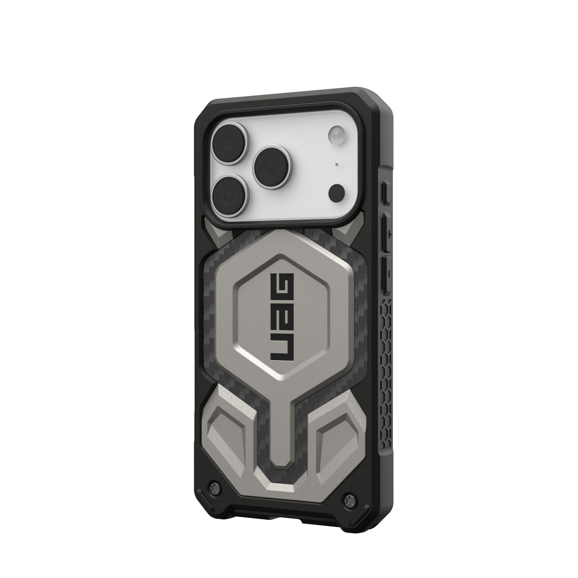 Czarno-szare etui na telefon z wycięciem na aparat. Etui ma pośrodku litery UAG i solidny design.