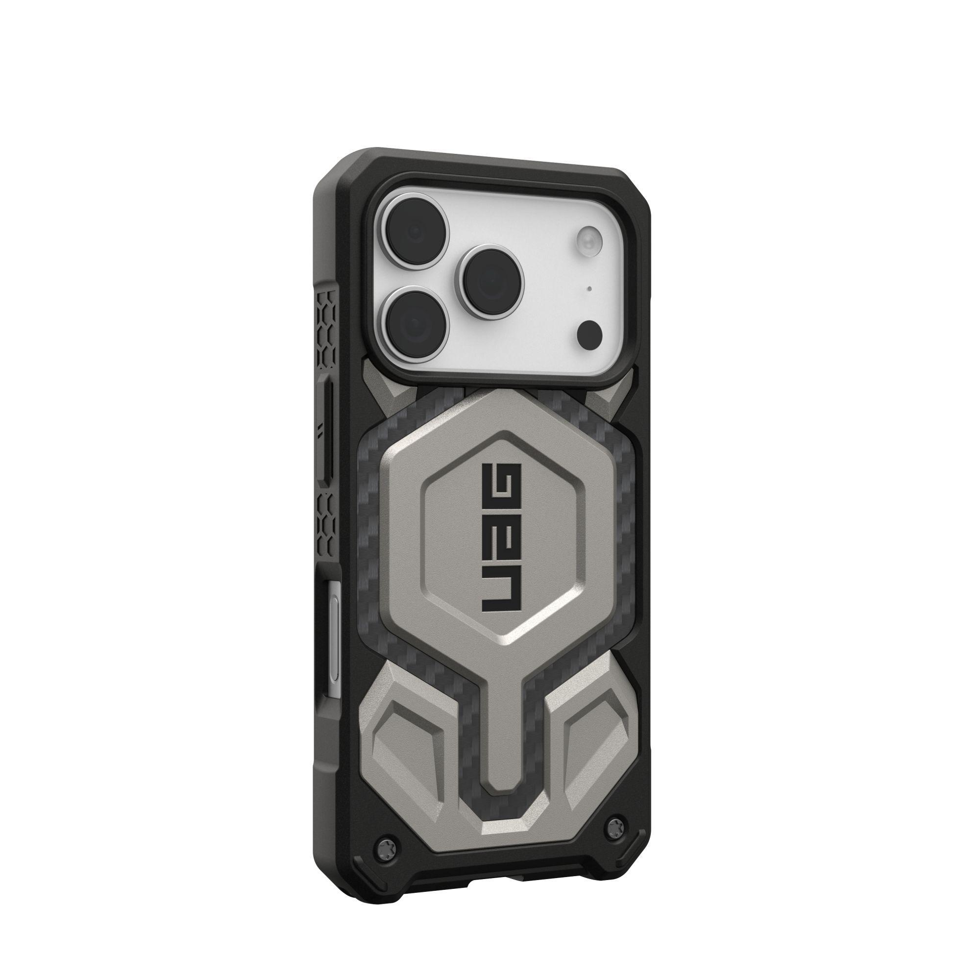 Czarno-szare etui na telefon z logo UAG. Etui posiada wiele aparatów i teksturowany design.