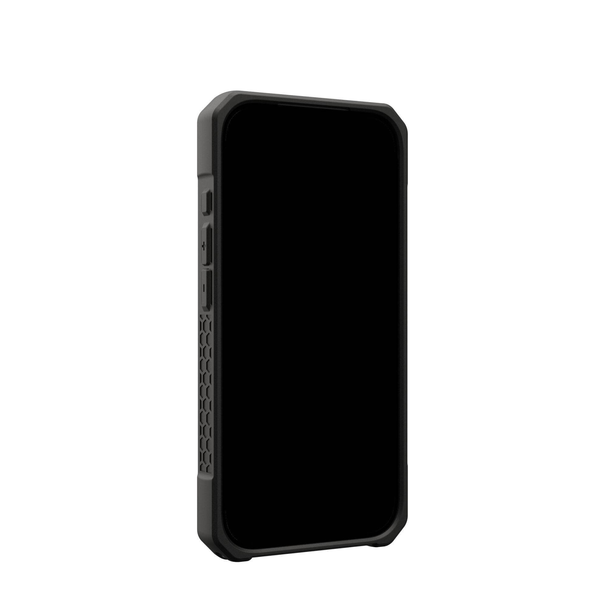 Czarny smartfon w szarej obudowie ochronnej. Ekran telefonu jest czarny. Tło jest białe.
