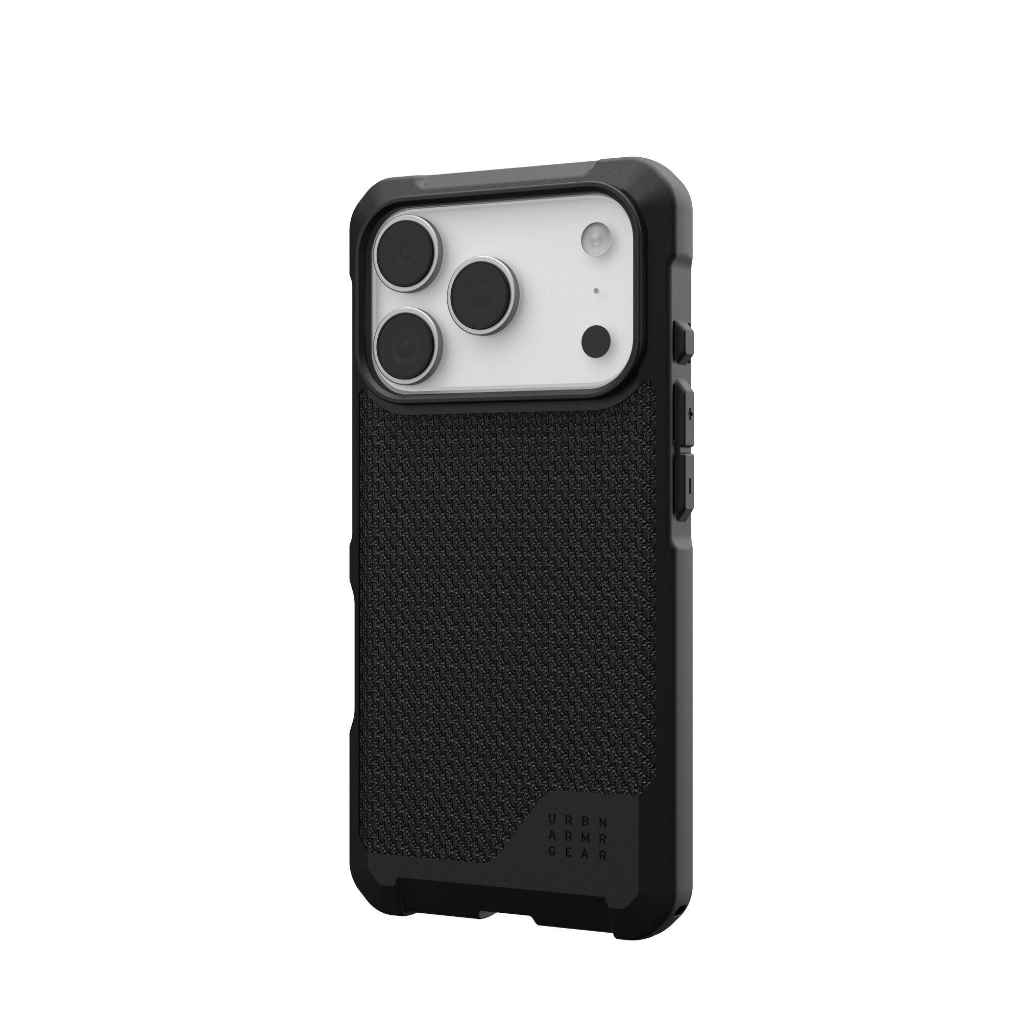 Una custodia nera per telefono con ritagli per la fotocamera. Ha un retro strutturato e una cornice nera. Lo sfondo è bianco.