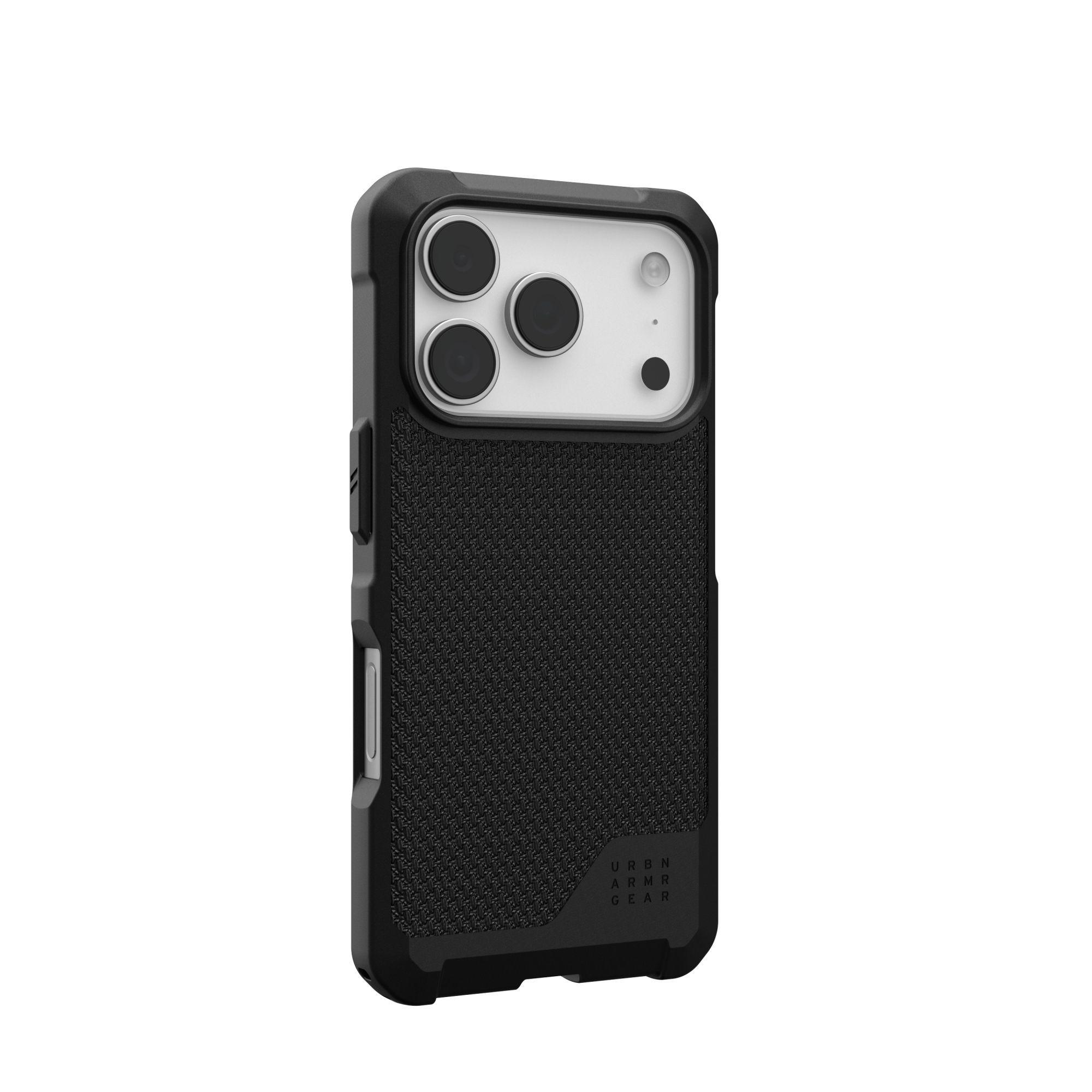 Custodia per telefono nera con retro strutturato e ritaglio per fotocamera, sfondo bianco.
