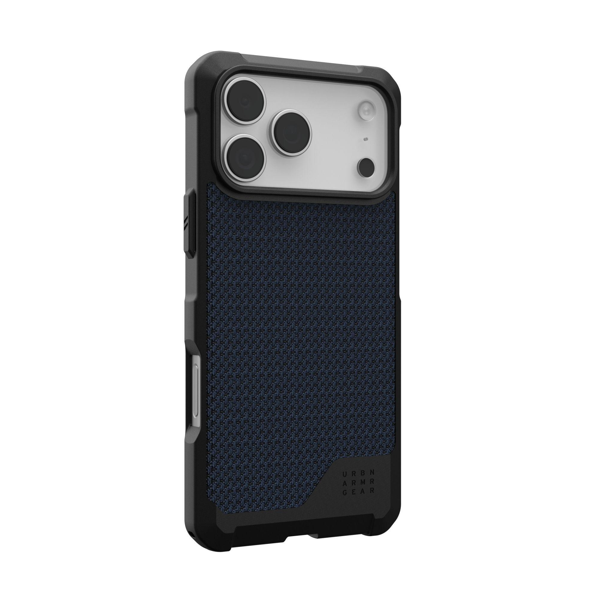 Czarne etui na telefon z niebieską wstawką z tkaniny, trzema obiektywami aparatu i marką: URBN ARM GEAR.